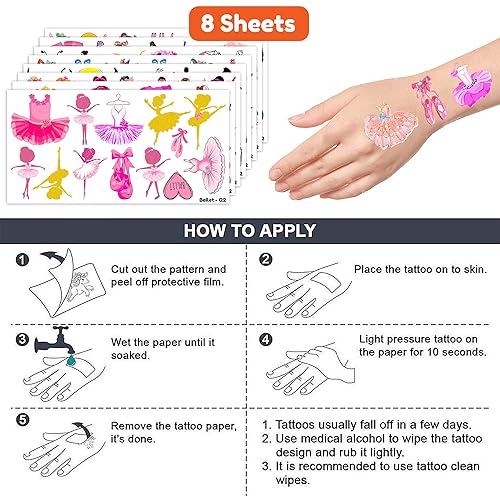 Miniatura 7 de Tatuajes de bailarina con temática de decoración de fiesta de cumpleaños, suministros de decoración de 96 piezas, 8 hojas, lindas calcomanías