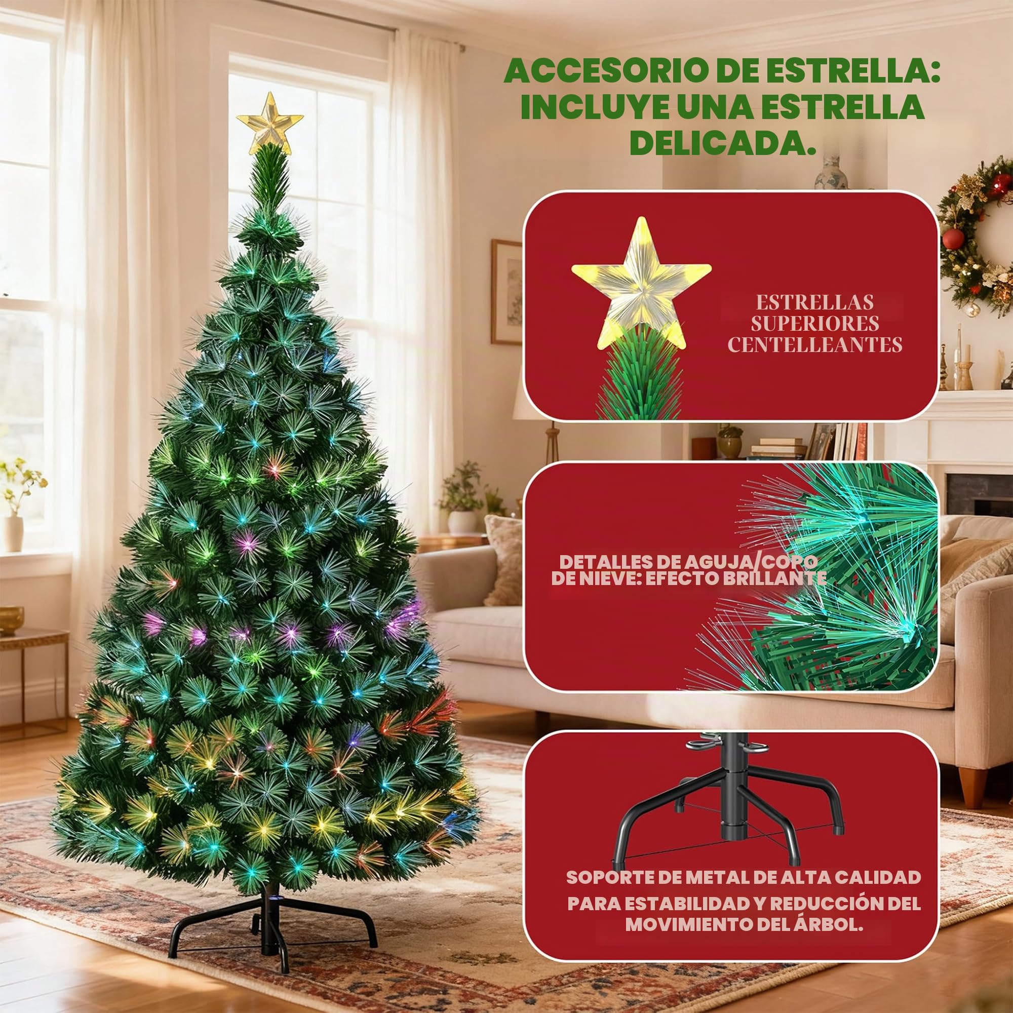 Aufun Árbol de Navidad Artificial 210cm,Árbol de Navidad con LED y Parte Superior de Estrella,Abeto de Fibra de Vidrio Artificial Que Cambia de Color para Hogar (2.1M,Fibra de Vidrio Colorida)