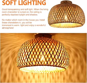 Handmade Bamboo Ceiling Light - Bohemian Woven Rattan Semi Flush Mount Fixture, Natural Cage Chandelier for Living Room, Bedroom, Kitchen and Entryway [Energy Class A]