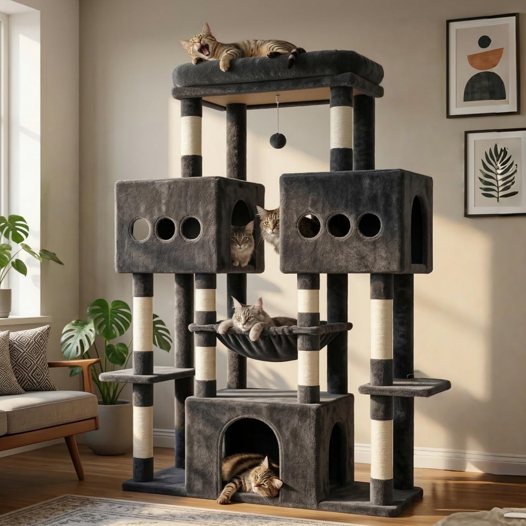 Hey-brother Tiragraffi per Gatti, con Amaca, 3 Cucce grandi, MPJ83G | 144cm Albero per Gatti, Piattaforma spaziosa, Pompon, Ideale per Maine Coon da interno, Grigio Fumo