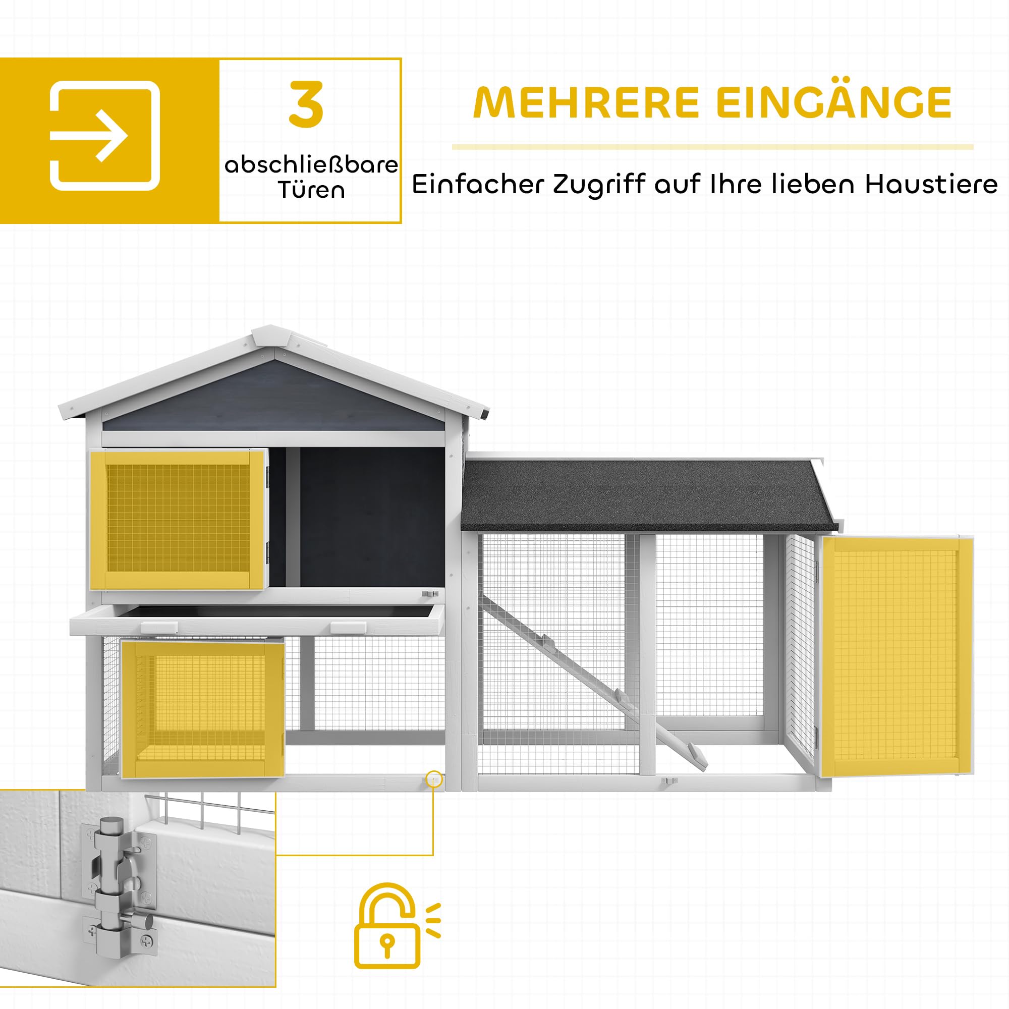 PawHut Hasenstall 2 Etagen Winterfest Kaninchenstall 147x54x84 cm Grau | Holz, Kaninchenkäfig Mit Wasserdicht Bitumendach, Freilaufgehege, Rampe, Türen, Hasenkäfig Für 2 Zwergkaninchen, Outdoor