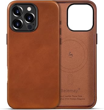 Belemay Leather Case for iPhone 16 Pro Max, Compatible with MagSafe [Camera Control Button] [Luxury & Classy] Premium Full-Grain Vegetable-Tanned Leather, Rich Patina, Secure Grip 6.9" Saddle Brown