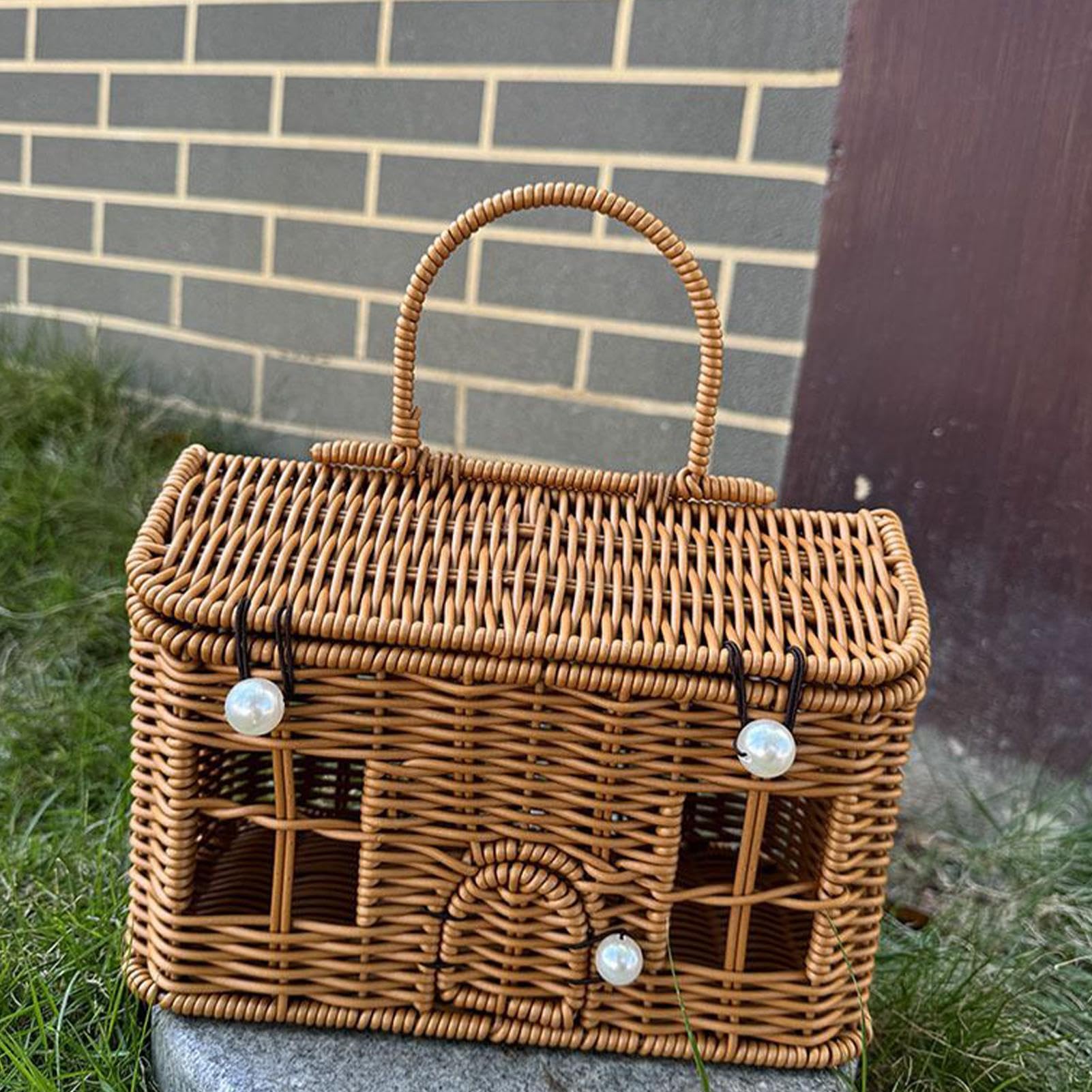 Cestas de mimbre para almacenamiento, decoración rústica para el hogar, portátil, cesta de almacenamiento de juguetes tejida a mano con tapa, para baño, lavandería, habitación infantil