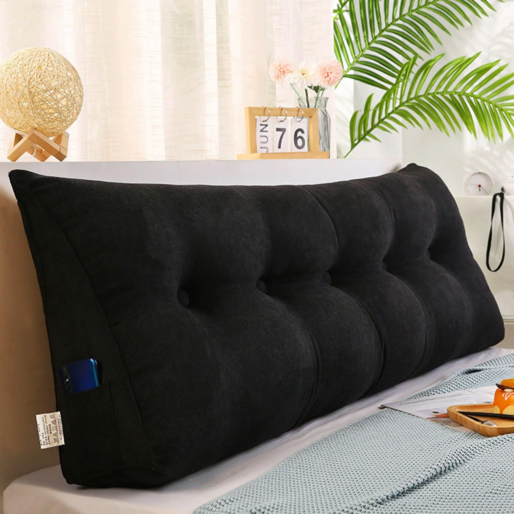 Hruile Large Headboard Triangular Reading Pillow, Wedge Lumbar Pillow, Bed Rest Reading Bolster with Zipper, Headboard Backrest Support Cushion for Bed, Sofa, Chair (180x50x20cm,Black)