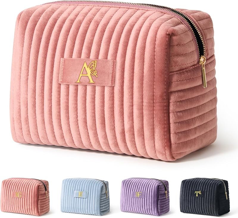 Necessaire de maquiagem COSHAYSOO com letra A, rosa empoeirado, fechamento com zíper