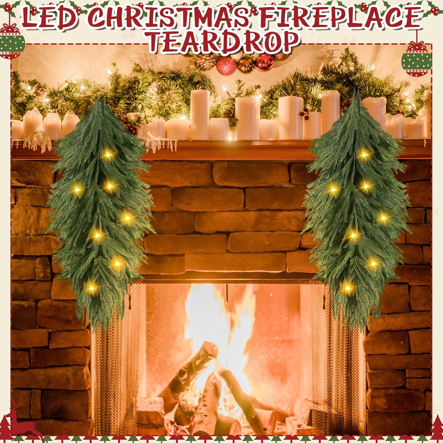 Zeyune 8 Pcs 35.4 Large Christmas Pine Teardrop Swag with Lights Pre-lit Christmas Artificial Swags Stairway Swag Teardrop Trim Wreath Door Stair Garland Decoration for Home Garden Decor (Classic)
