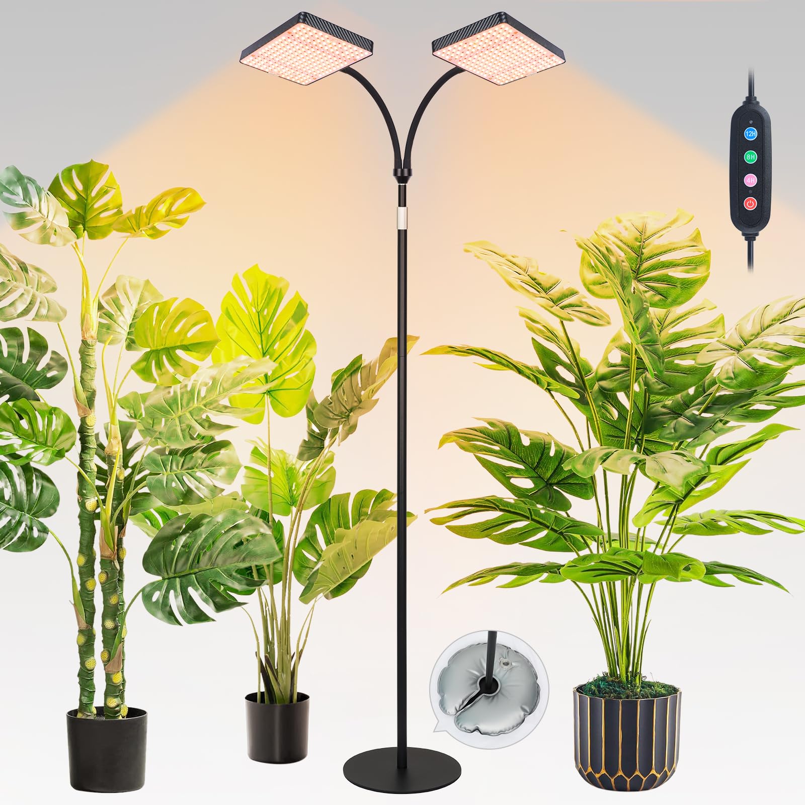 FECiDA 50 Watt 2-Kopf Fußleuchte Pflanzenlampe, 5 Modes 4/8/12/16/20 Hr Timer, Vollspektrum Pflanzenlicht für Zimmerpflanzen, Wachstumslampe für Pflanzen, 100-200CM Höhenverstellbar