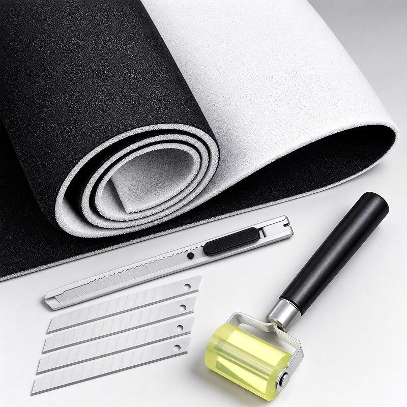 Black Suede Headliner Fabric 98 x 60'' with 1/9" Foam Backing, Automotive Interior Auto Roof Replacement Suede Material with Rubber Seam Roller and Knife for DIY RV Boat Ceiling Interior Repa