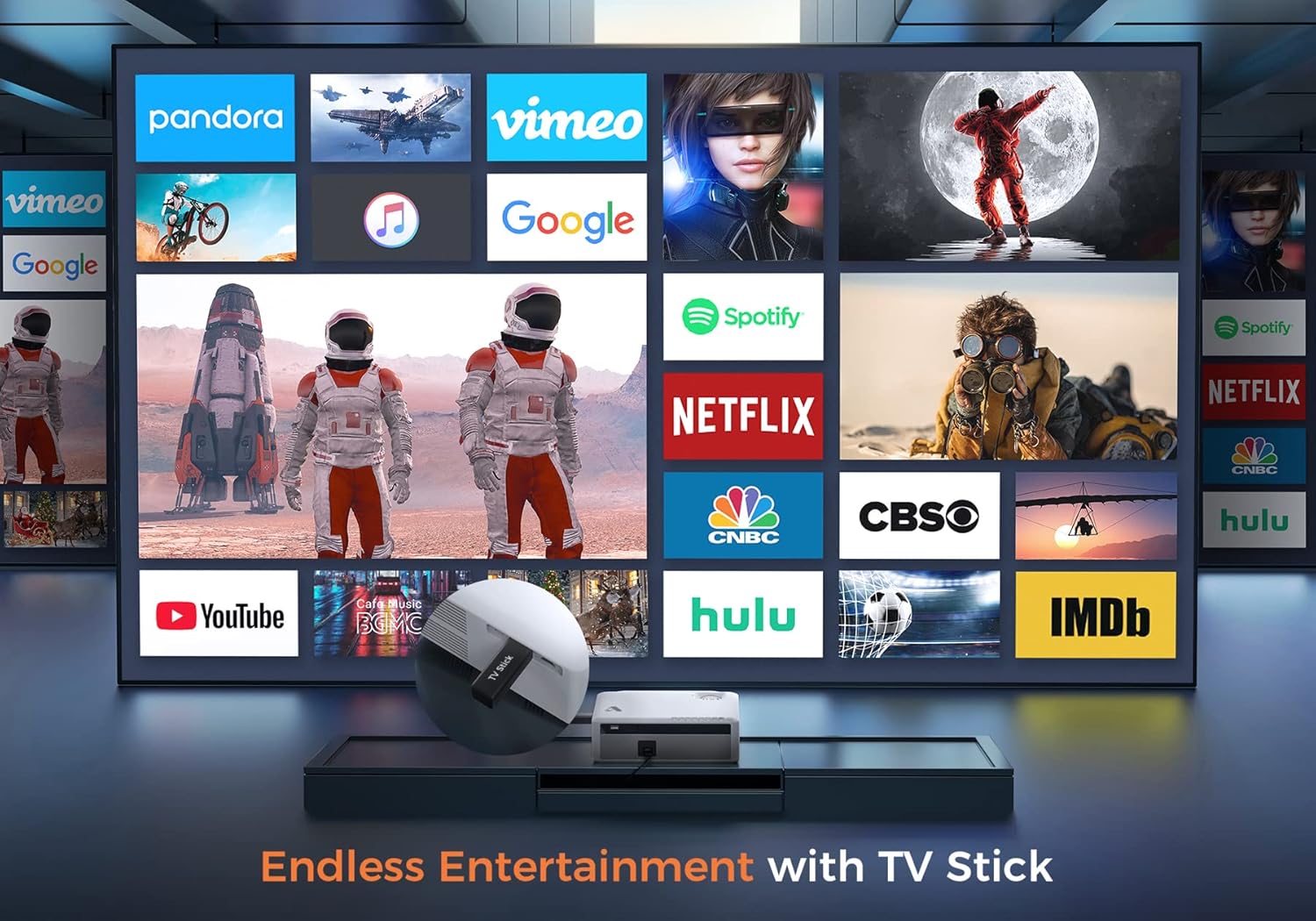 Projector connected to a TV stick displaying various streaming app logos