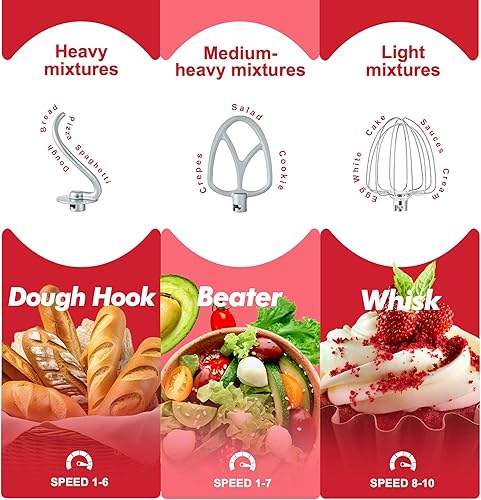 Miniatura 6 de Kitchen in the box Batidora de pie, 4.5QT+5QT Dos cuencos Mezclador de alimentos eléctrico, 10 velocidades Mezclador de cocina 3-EN-1 para uso