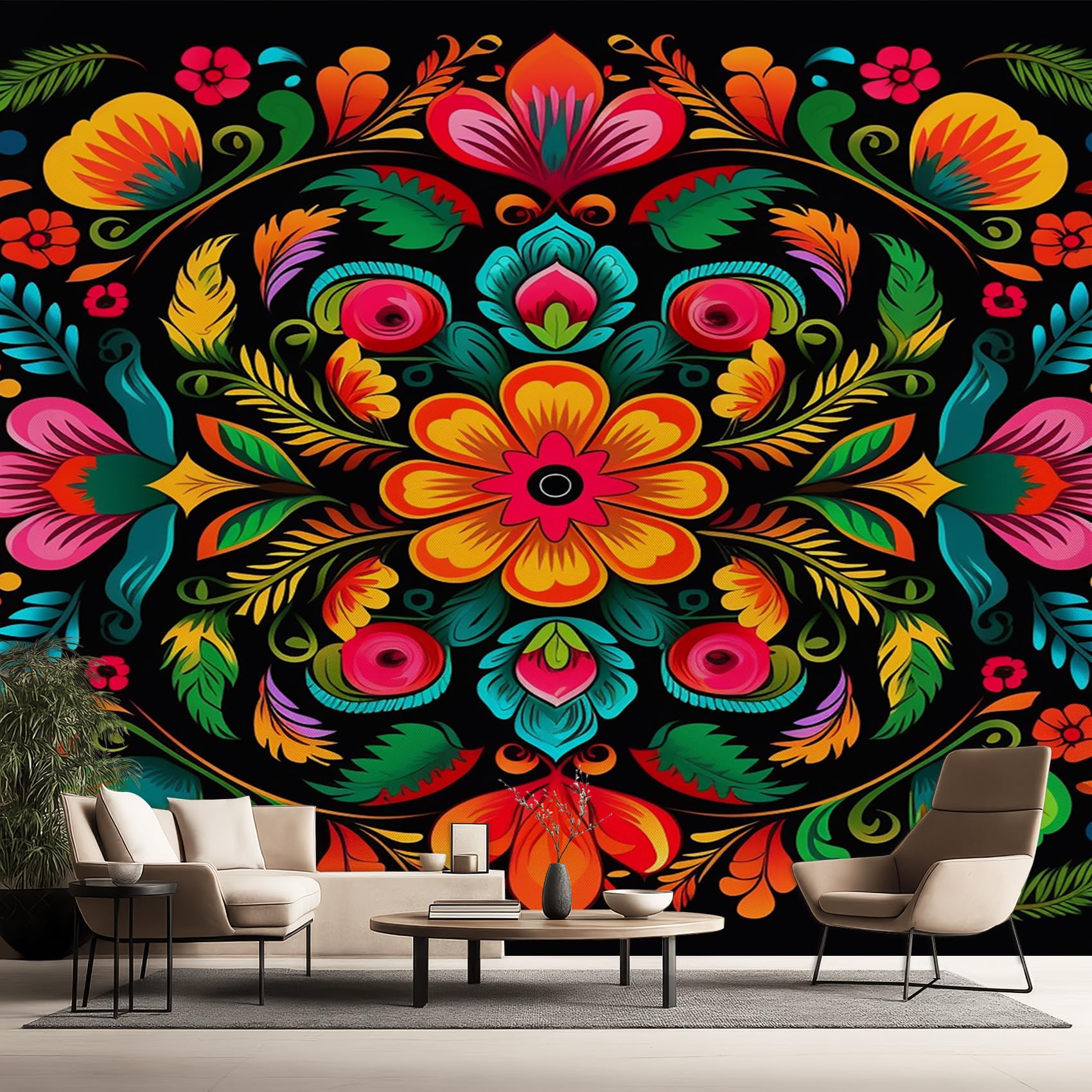 Aquailis Mexican Peel and Stick Wallpaper - Colorful Floral Mural, Self Adhesive Removable Textured Wallpaper, Mexico Flower Wall Art for Living Room,