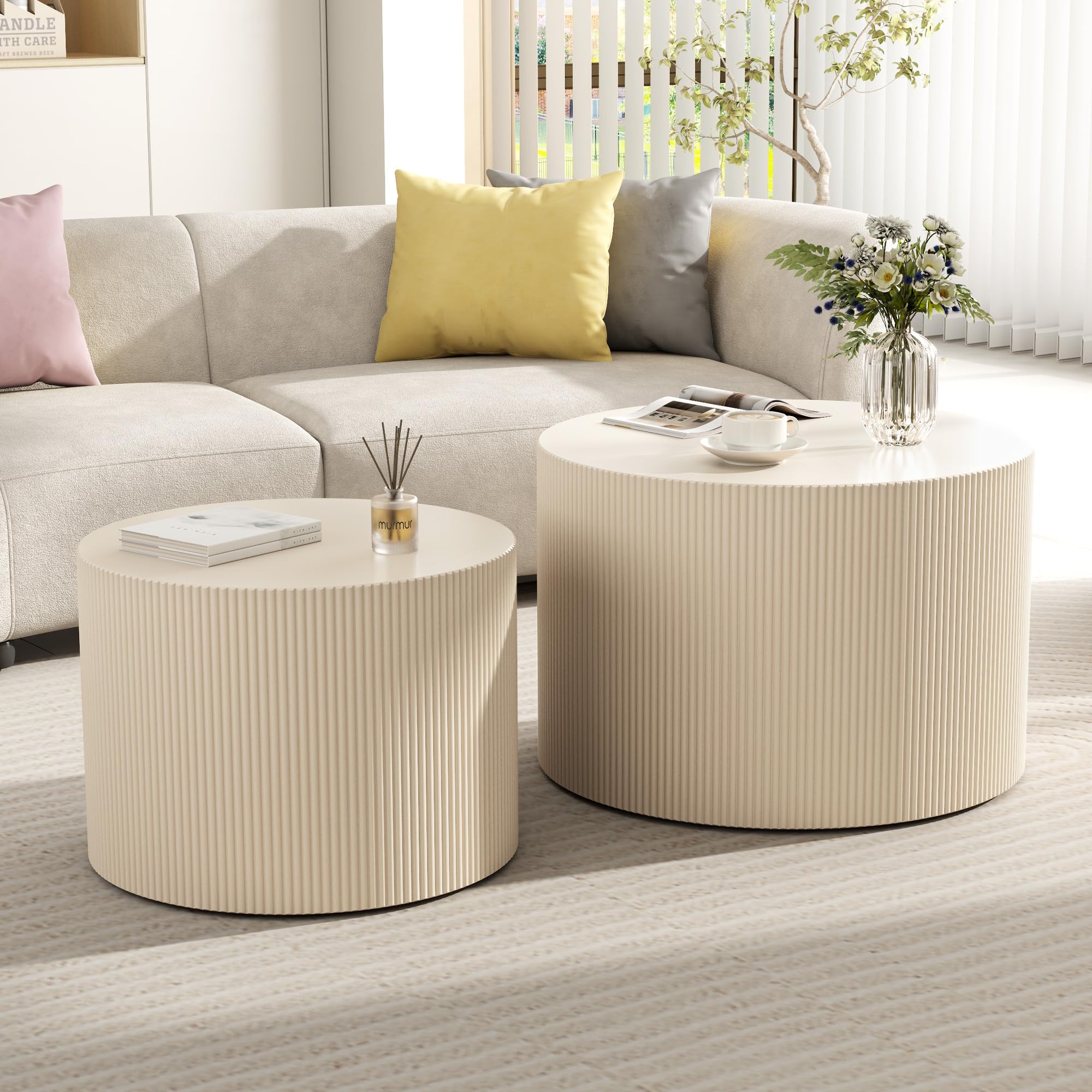 Nesting Coffee Table Set of 2, Round Wood Accent Table, Beige