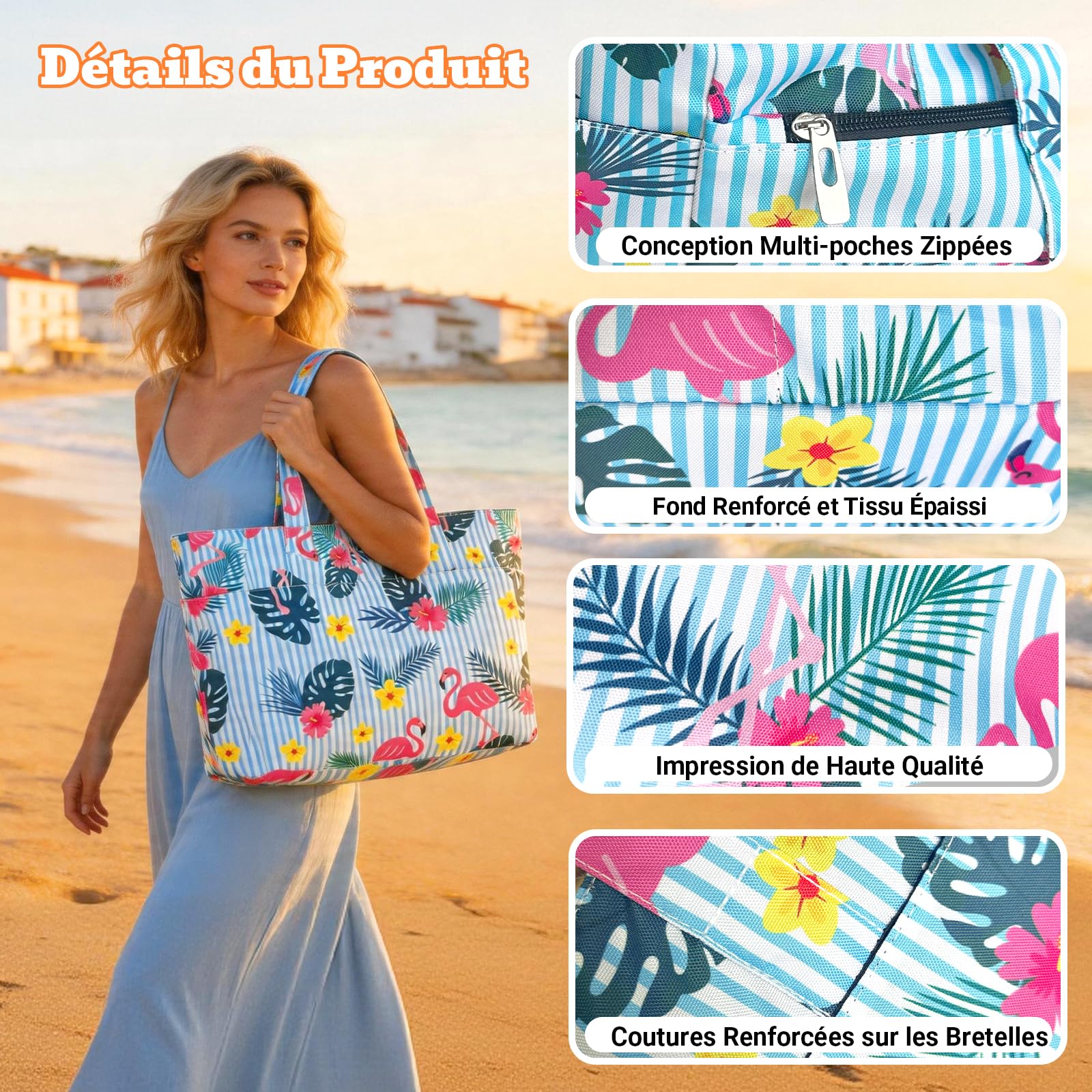 Hap Tim Sac fourre-tout de plage imperméable XXL avec compartiment humide et fermeture éclair, grande capacité, sac de voyage, léger, pliable, pour femme, pour la natation, le shopping, la salle de