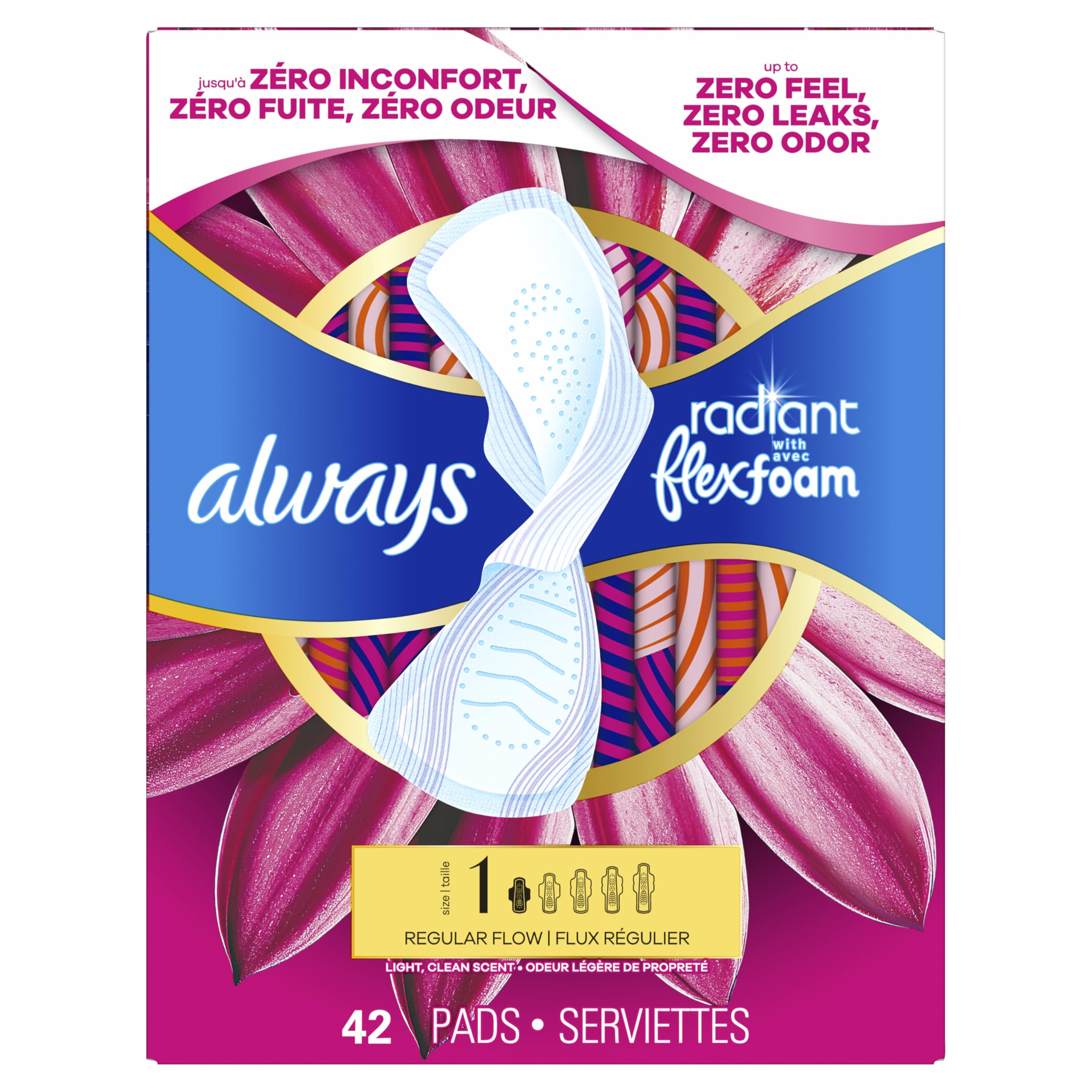 Always Radiant FlexFoam Pads For Women, Size 1 - Heavy w/Wings, Light- Clean Scent, 42 Count