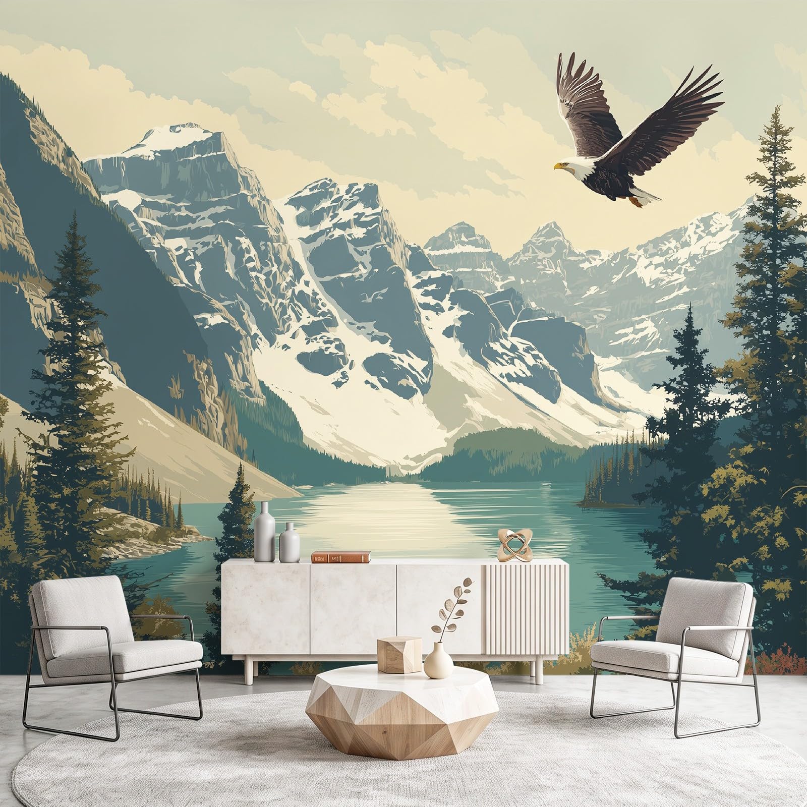 Fototapeta ścienna w stylu vintage, krajobraz, 200 x 140 cm (szer. x wys.), śnieżne góry, natura, orzeł, wymagana tapeta, tapeta, mural do standardowej sypialni, salonu, pokoju dziecięcego, możliwość