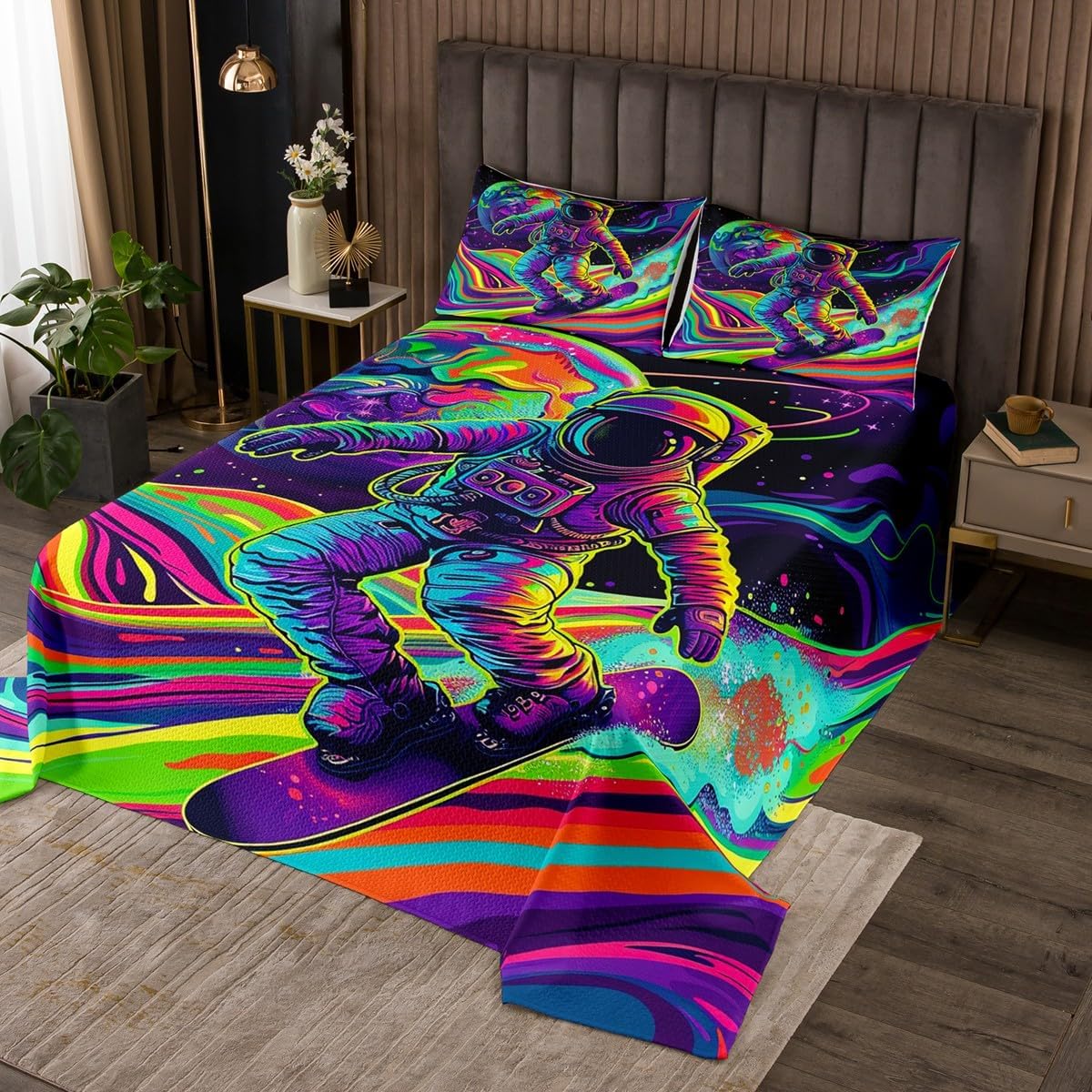 Homewish Astronaut Bedspread King,Skateboard Sports Bedding Set 3Pcs Kids Girls Boys Room Decor,Colorful Rainbow Galaxy Universe Comforter Set Trippy Hippie Style Quilt Coverlet,2 Pillowcases