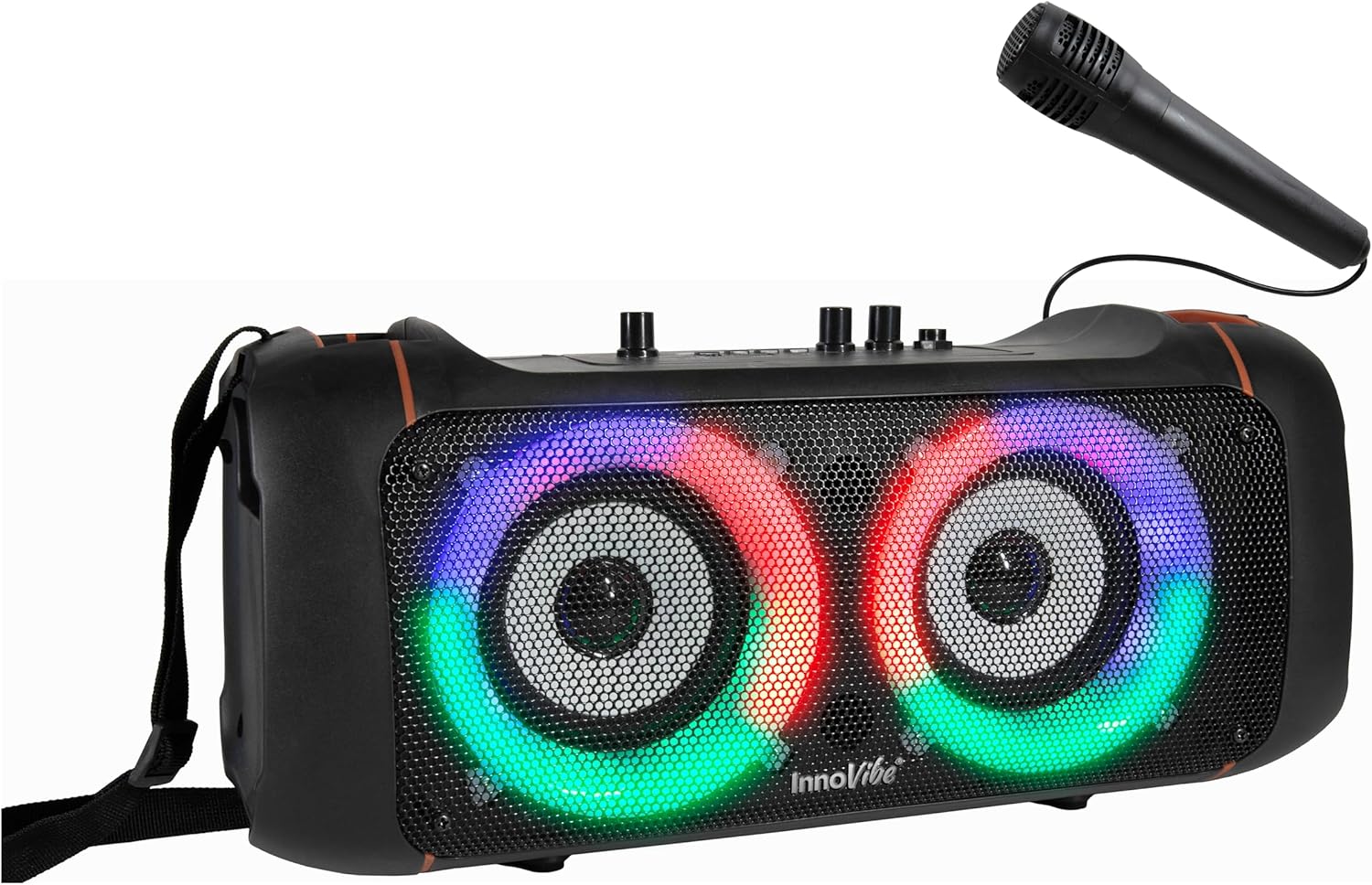 Фронт view of the InnoVibe Party Speaker with colorful LED lights and a wired microphone