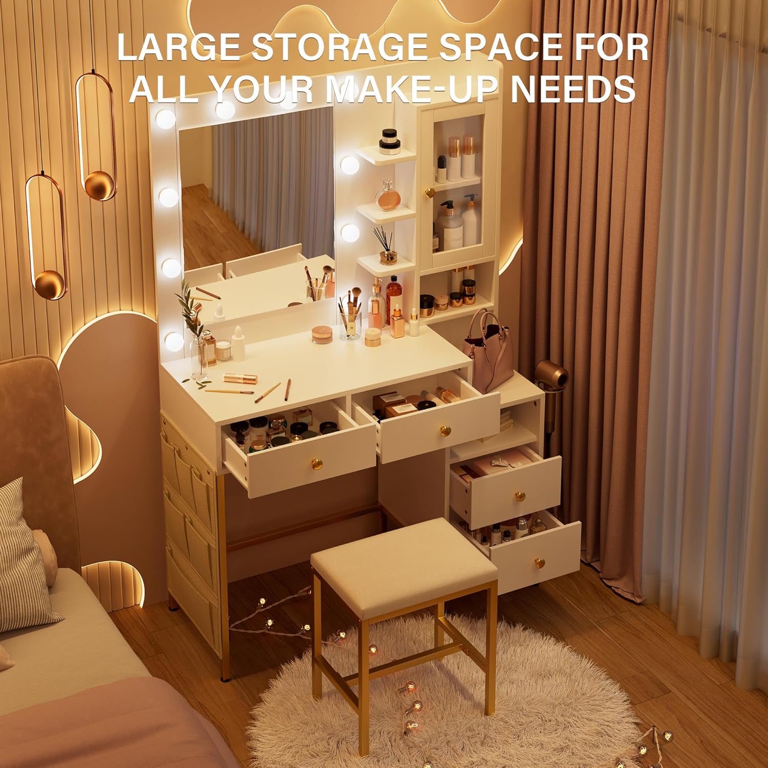 NUNU LAB White Vanity Desk with Touch Screen Mirror and Lights, Large Women Makeup Vanity with 3 Color Modes Adjustable Bulb & Power Outlet, 1 Cabinet, 5 Shelves & 5 Drawers for Bedroom Brown