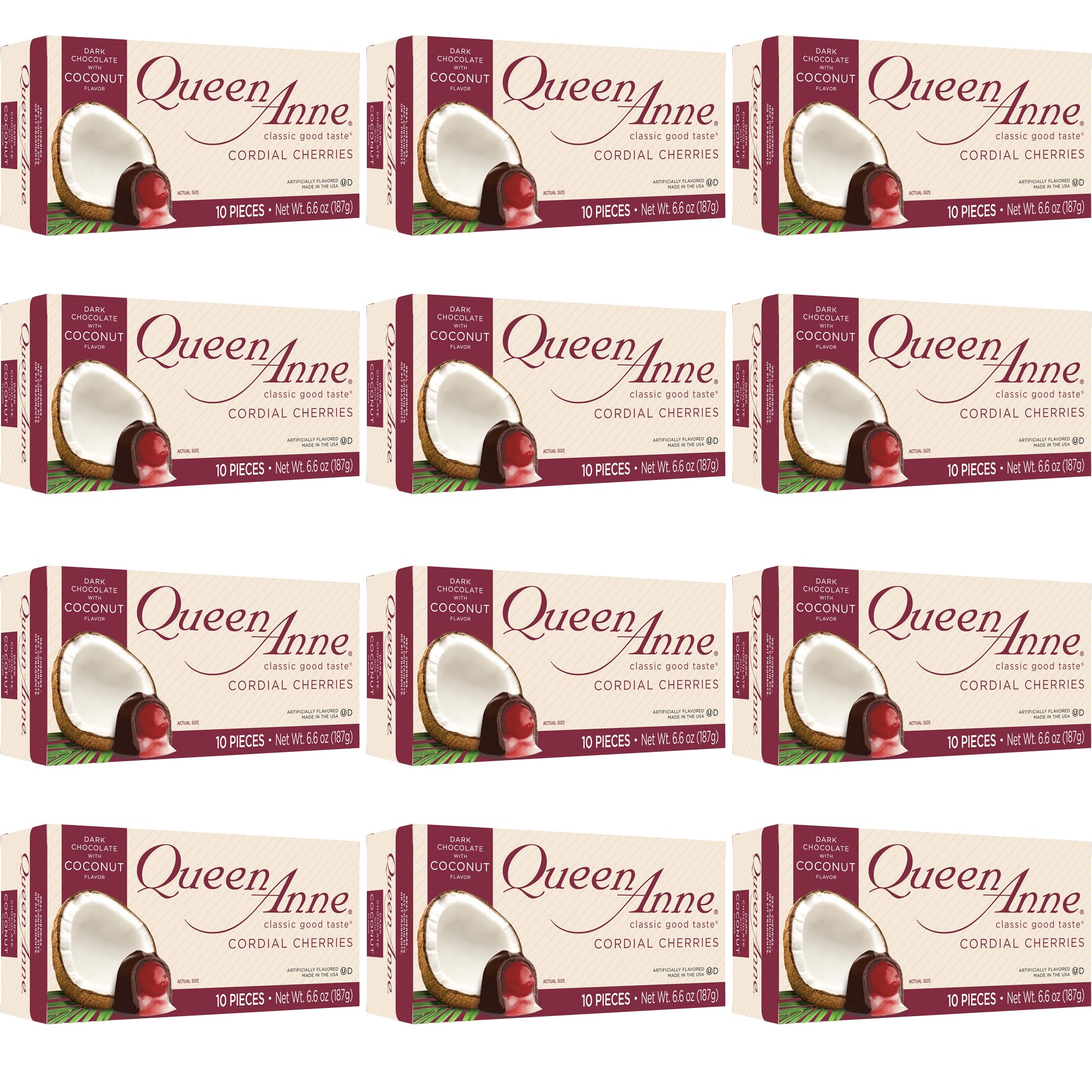 Queen Anne Dark Chocolate Coconut Covered Cordial Cherries | 6.6 oz (Pack of 12) | 10 Piece Gift Boxes | Whole Maraschino Cherry Creamy Filled Liquid Center | Holiday Party Chocolate Candy