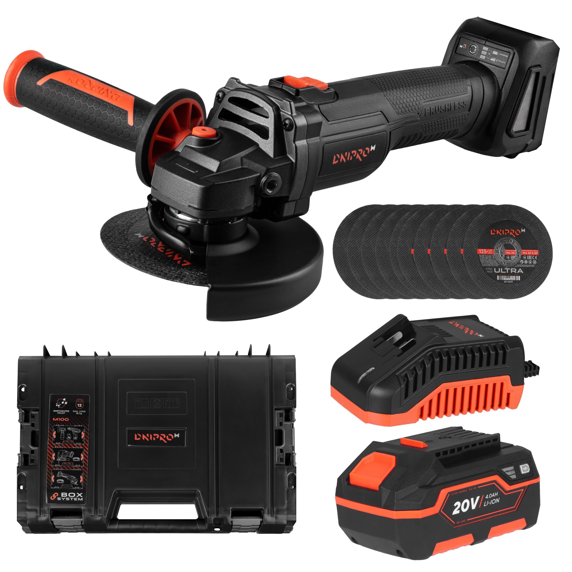 Amoladora Angular a Batería 20V Brushless, Disco 125mm, 2 Velocidades (3.000/8.500 rpm), para Cortar, Desbastar y Lijar,con Batería 4Ah,Cargador,Maletín y 10 Discos de Corte. DGA-201BC Ultra