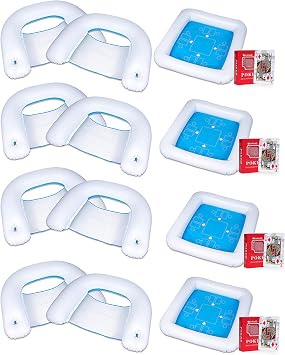 ZONETECH Inflatable Game Table and Chairs with Waterproof Playing Cards, Floating Table for Pool for Adults, Family, Party, Beach Game Station Set Blue/White 4-Pack