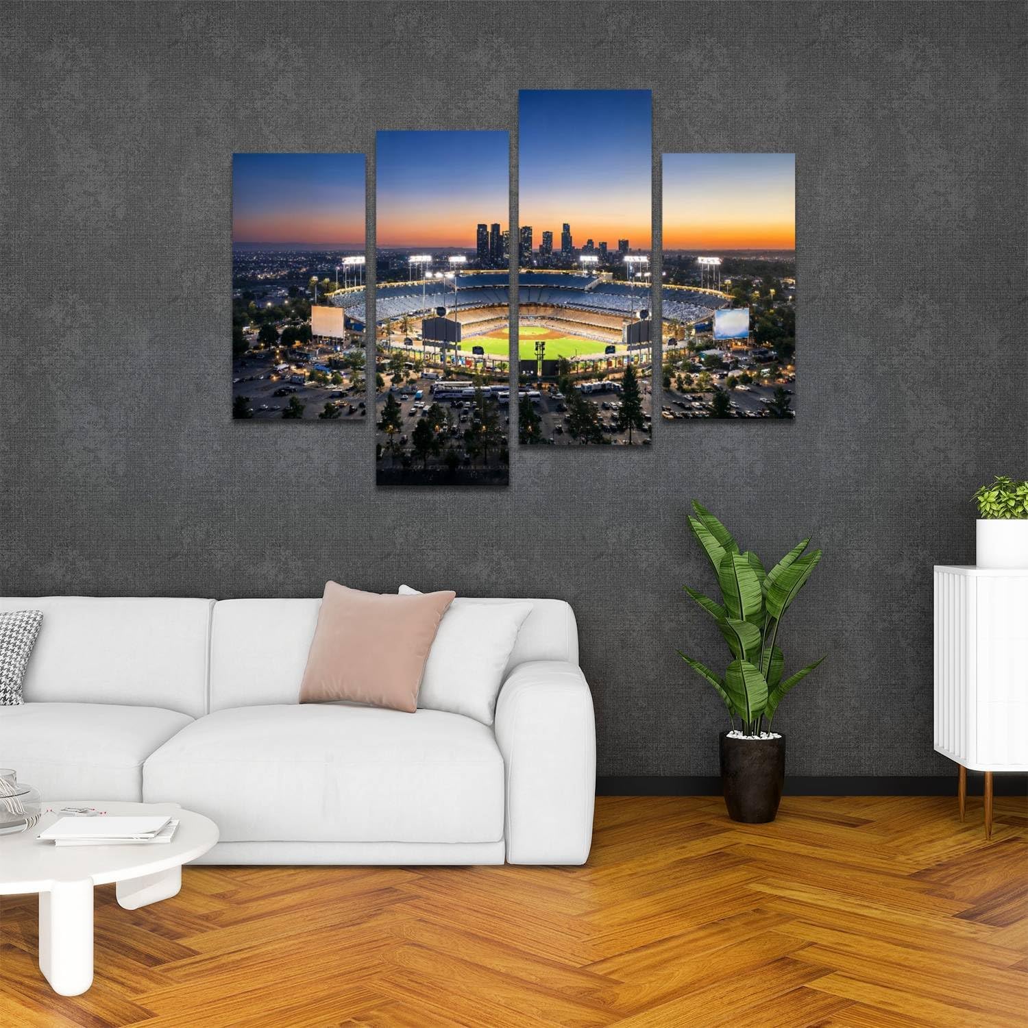 Los Angeles City Skyline with Stadium Canvas Wall Art Hanging Paintings Modern Artwork Abstract Picture Prints Home Decoration Gift Unique Designed Framed 4 panel