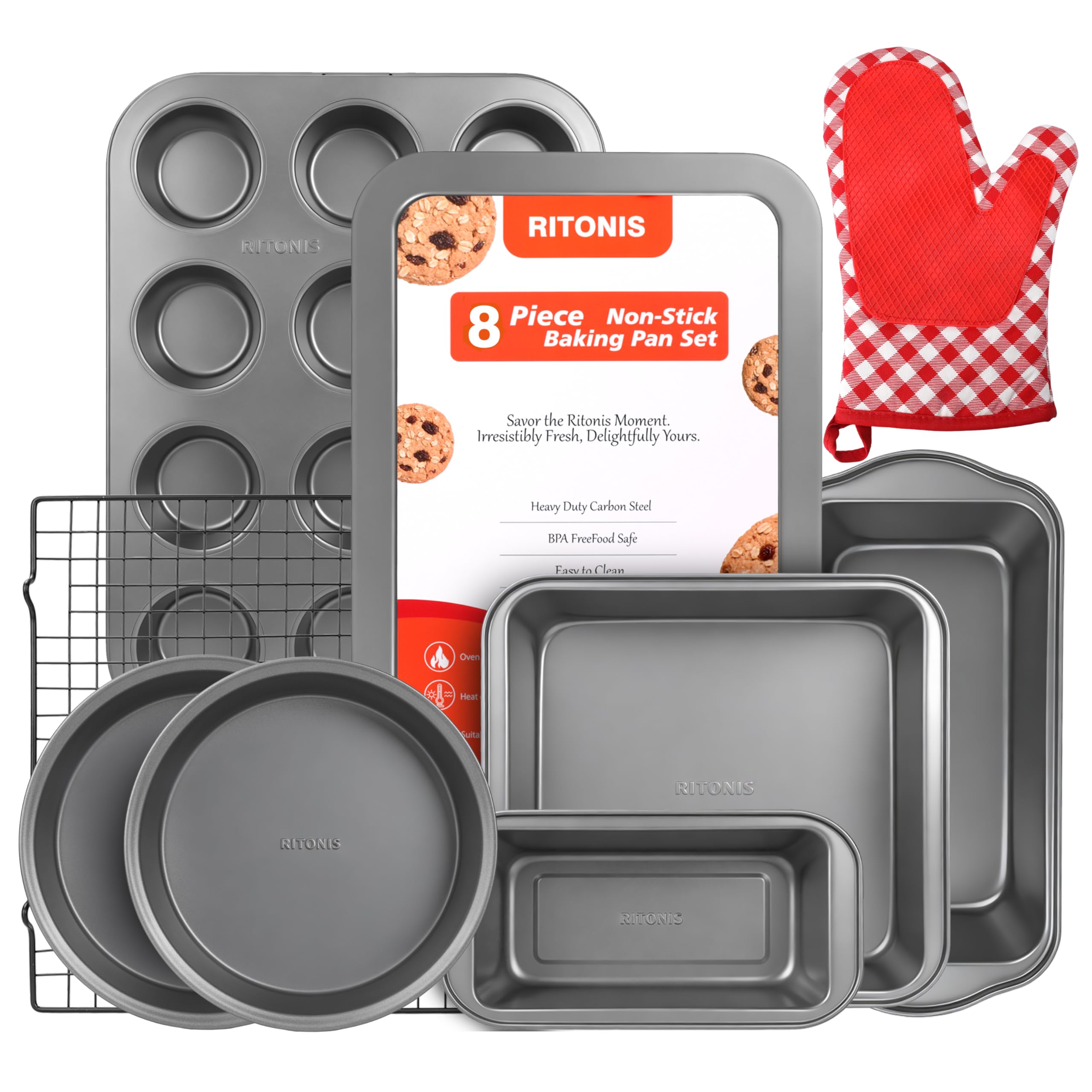 RITONIS 8-Piece Baking Pans Set, Non-stick Bakeware Sets Non-Toxic Baking Sheet Sets for Cooking, Include Round＆Square Cake Pan,Bread Pan,Muffin Pan, Cookie Sheet,Cooling Rack,with Baking Glove,Black