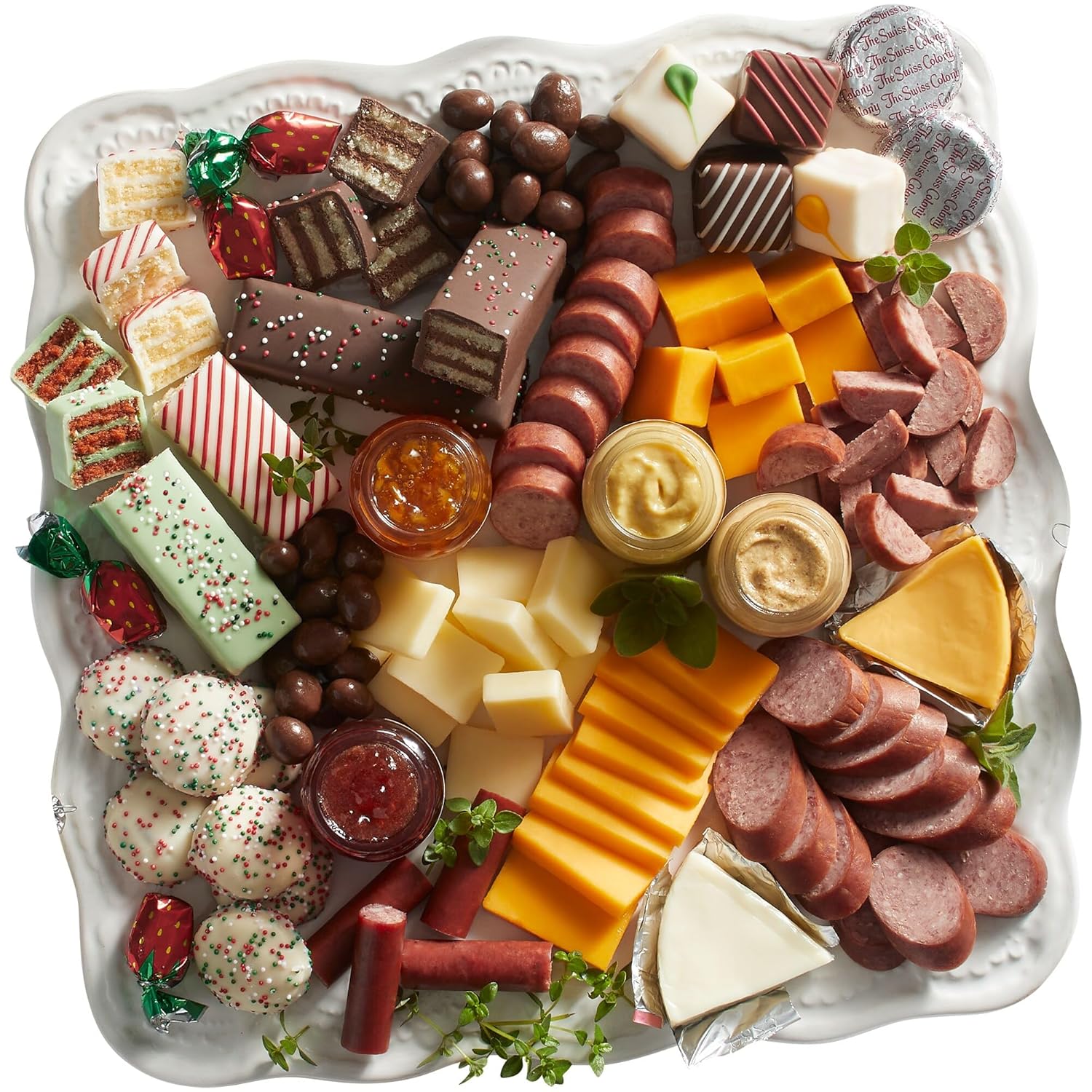 The Swiss Colony 27 Favorites Food Gift Set, Summer Sausage Meats and Cheeses, Assorted Chocolates, Candies, Petits Fours, Cheese & Charcuterie Board Gifts Basket, Holiday, Christmas - Holiday Red Box - Image 7