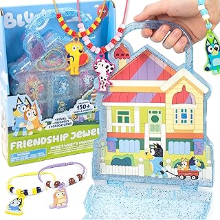 Bluey - Joyería de la amistad, crea 4 pulseras con dijes Bluey y 2 collares de dijes Bluey, incluye 150 cuentas y 6 dijes de goma con estuche de almacenamiento Bluey, regalos para niños y niñas