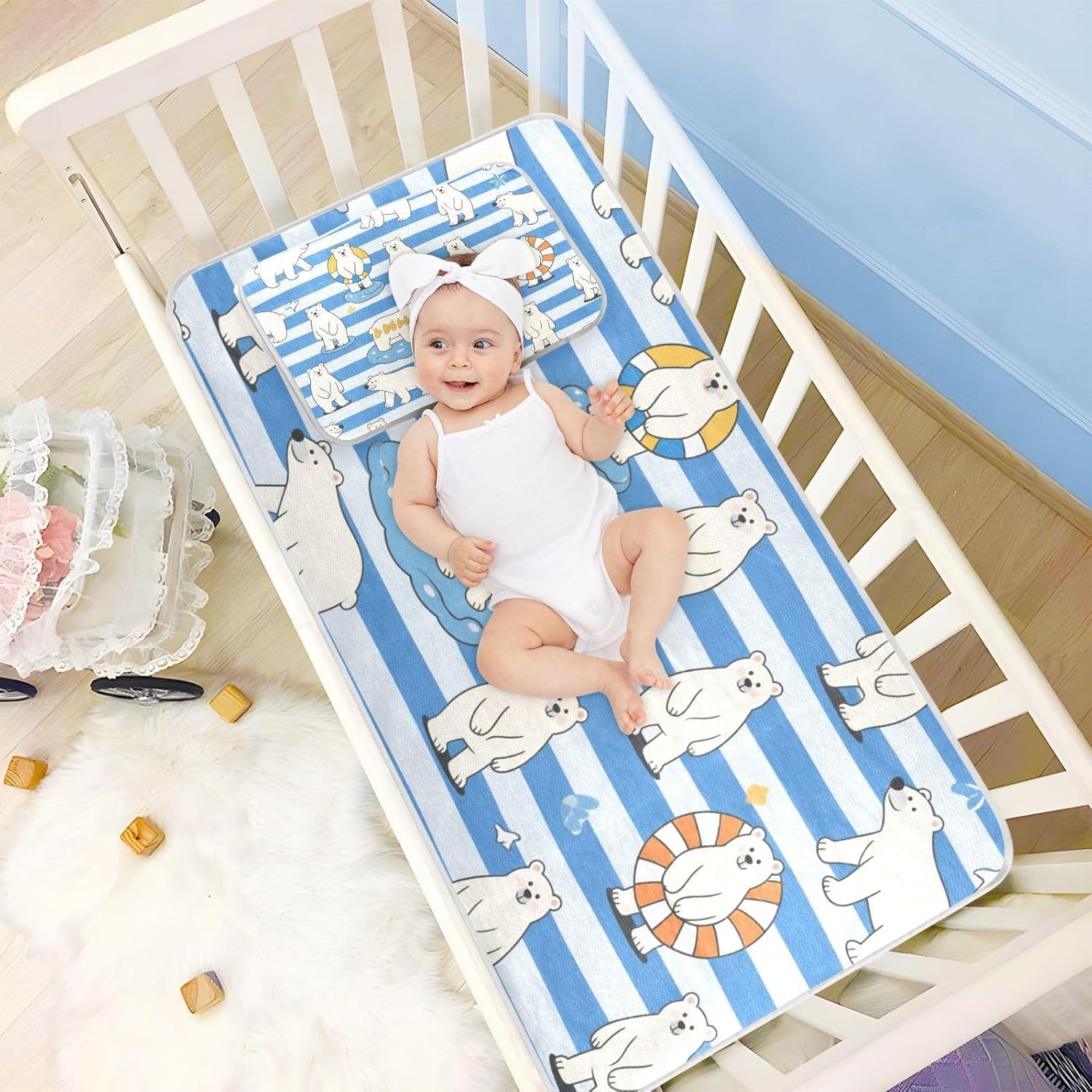 Blue White Striped Bear Cooling Baby Mattress pad Protector 28" x 52" Absorbent Pads for Bed for Baby&Toddler