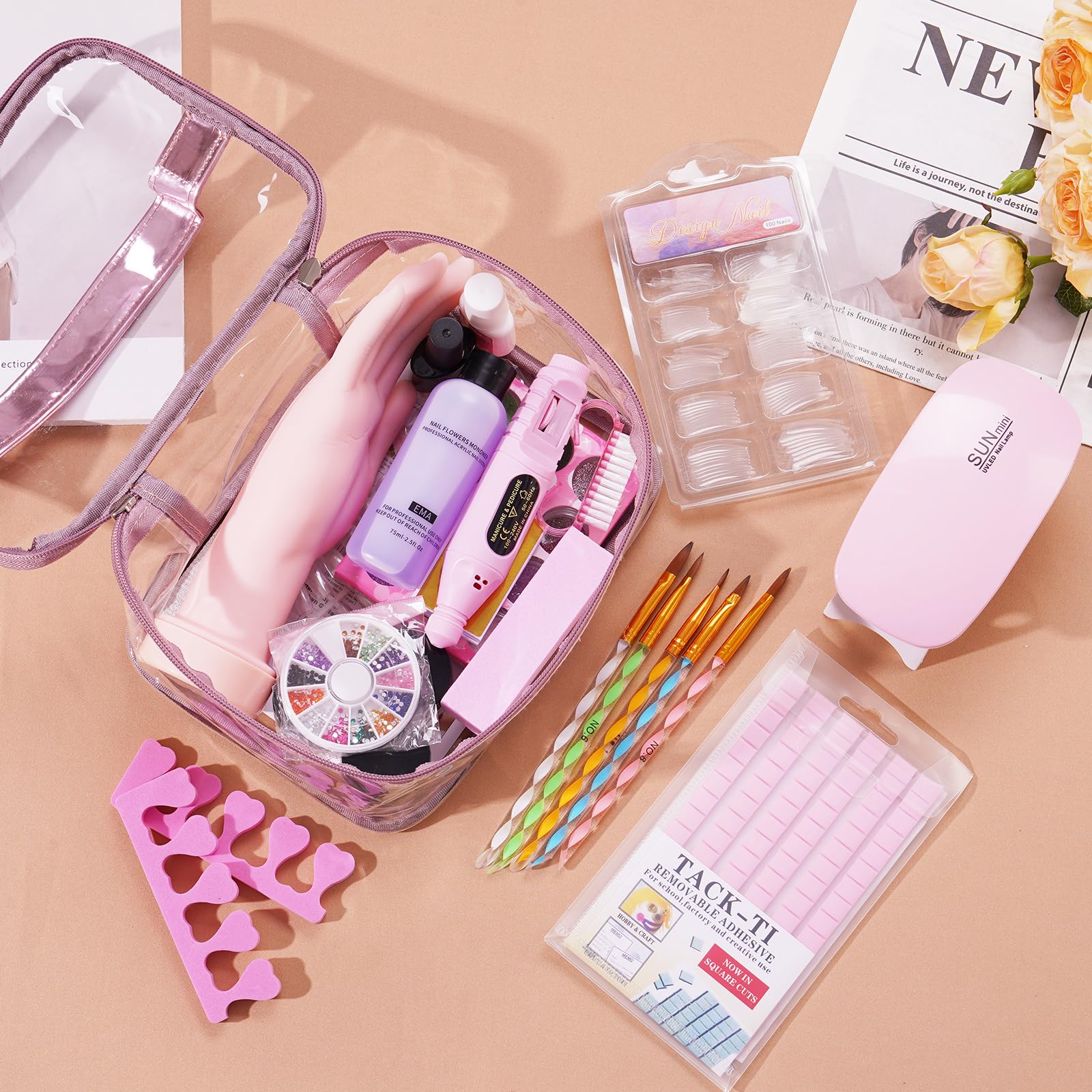 Yokilly Kit Ongle Acrylique Complet En Gel: Kit D'ongles en Acrylique pour Débutants avec Main D'entrainement Manucure UV Lampe Ponceuse Pour Ongles - Manucure Gel Kit avec Sac Rose