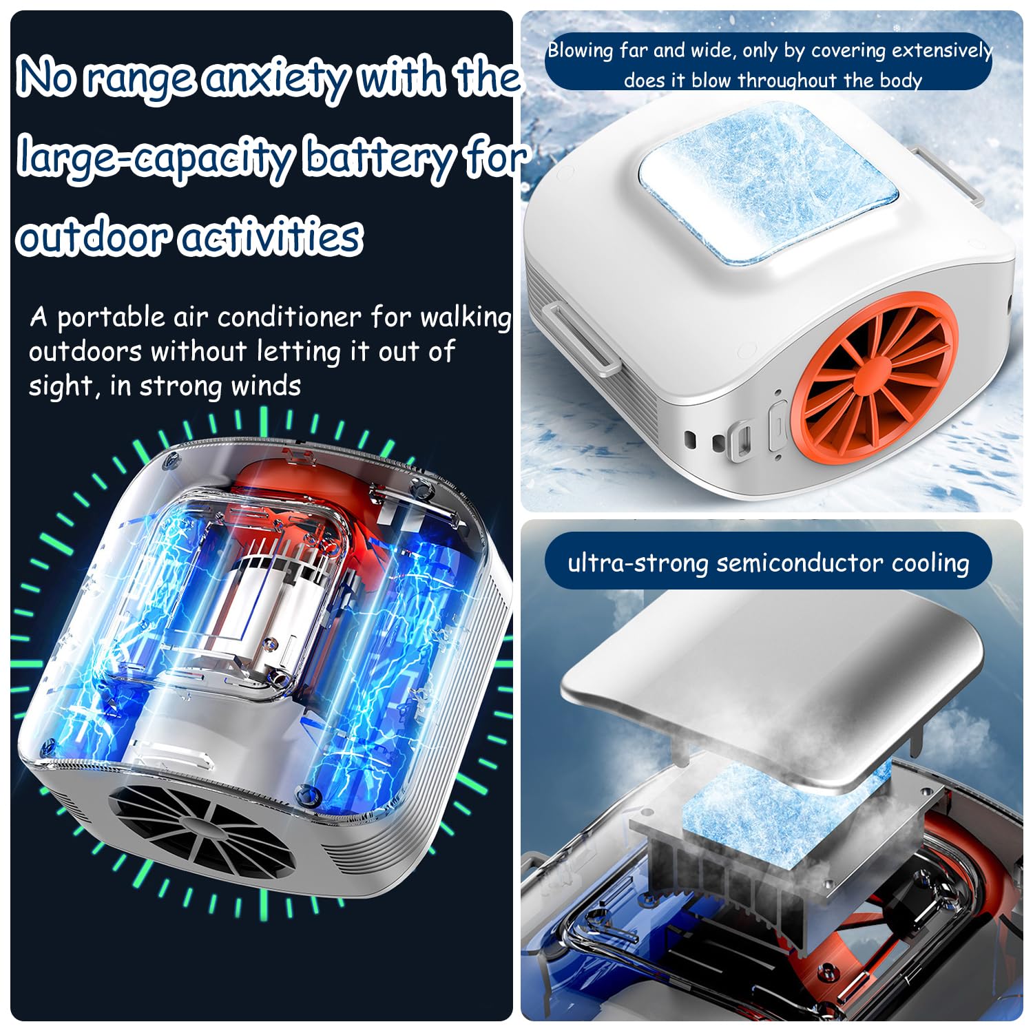 Ventilador de refrigeración de 3 vías para cintura/cuello/escritorio con placa de refrigeración Peltier 3 niveles de viento, carga USB, 8000 mAh, deportes al aire libre/trabajo, potente y