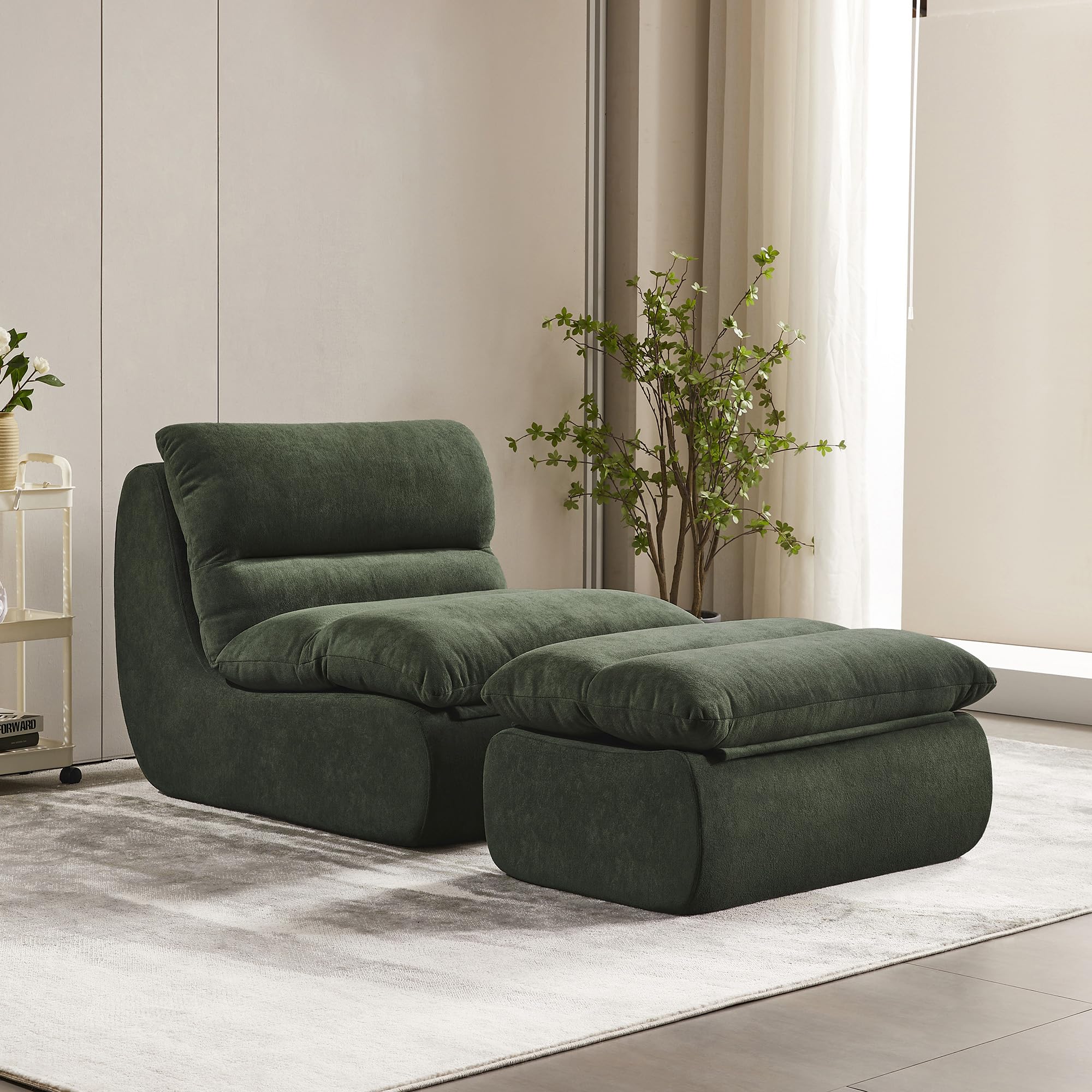 Lazy Sofa Chair Bean Bag Chairs Comfortable Fireside Chairs High Density Memory Foam Lounge Chair Modern Comfy Chair BeanBag Chairs for Living Room Bedroom Office (Green-Single Chair with Ottoman)