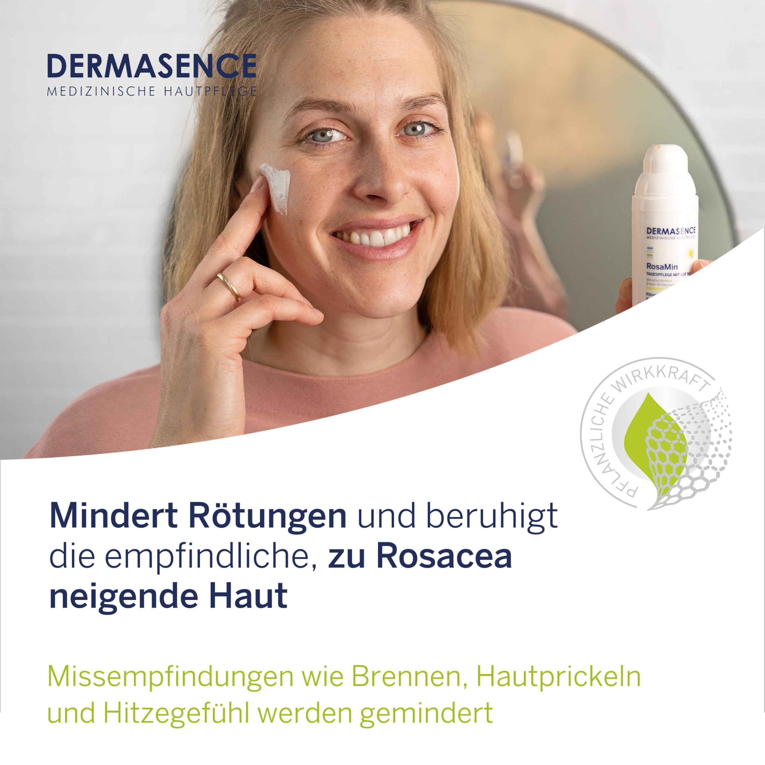 DERMASENCE RosaMin Tagespflege mit LSF 50, 50 ml – Beruhigende Gesichtscreme für empfindliche Haut, parfümfrei, Pflege bei Rötungen, leichter UV-Schutz gegen Reizungen, Hautpflege ohne Duftstoffe.