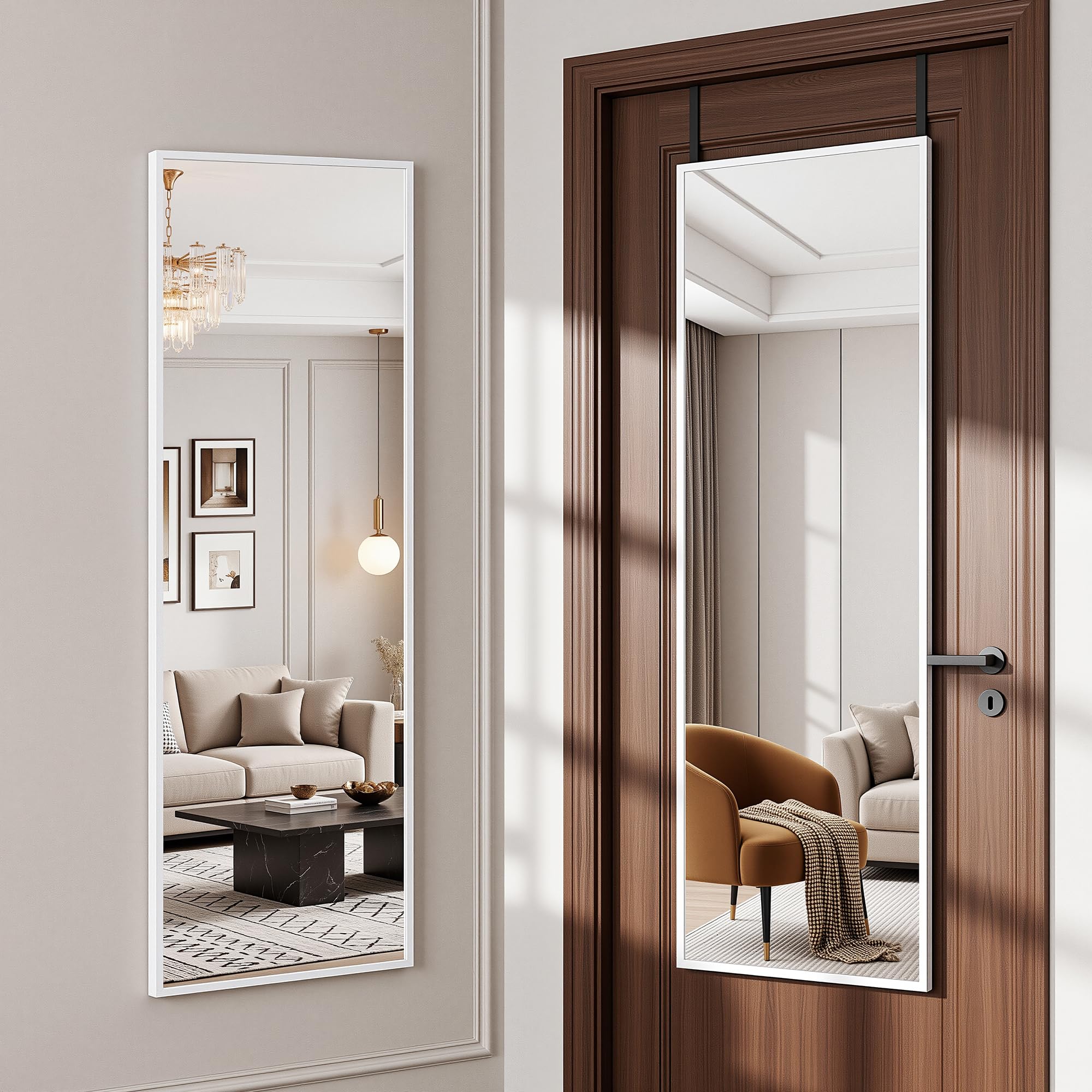 Suidia Full Length Mirror Over the Door&amp;Wall Mounted, 48"x14" Door Mirror with Aluminum Alloy Frame, HD Shatterproof, No-Drill, Hanging Mirrors for Bedroom, Bathroom, Dorm, Closet, Rect, White