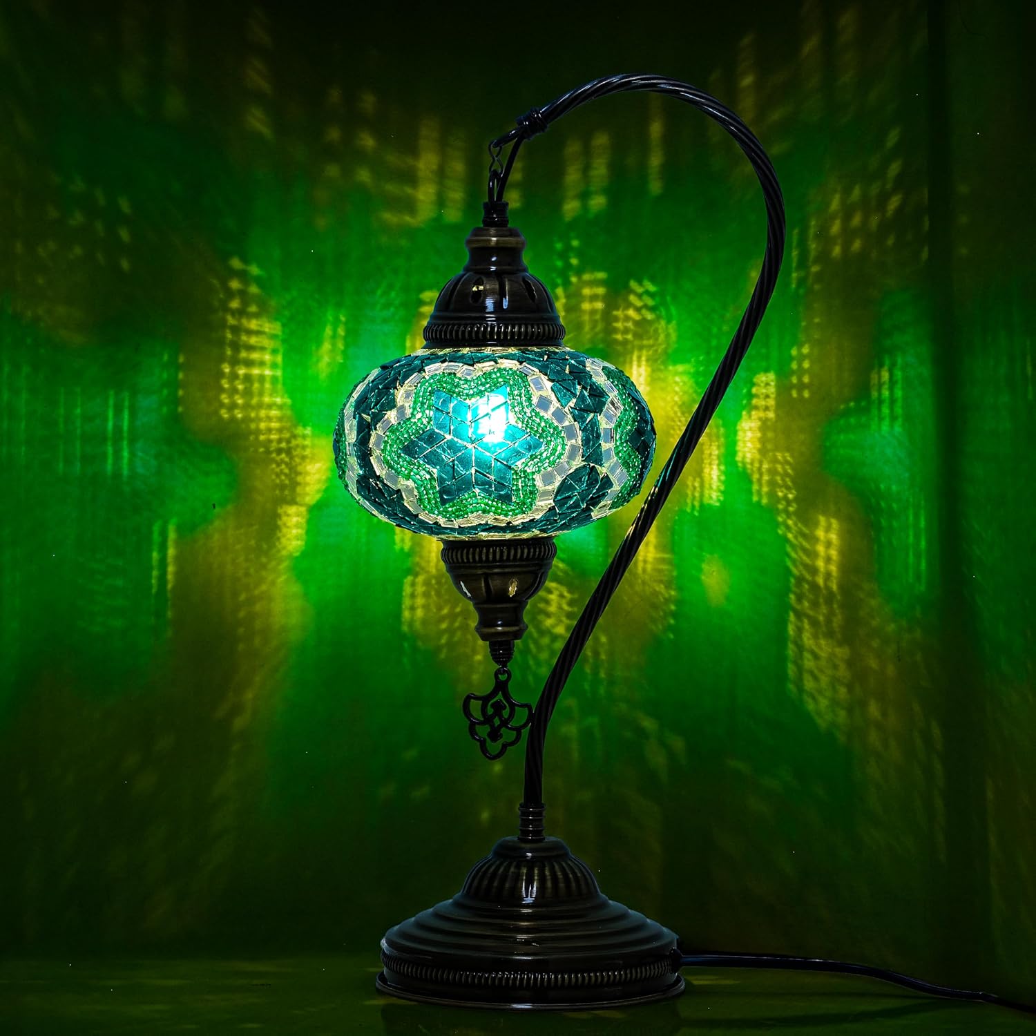 Mozaist Turkish Lamp, Swan Neck Mosaic Table Lamp, Moroccan Decorative Glass Antique Bohemian Vintage Lamp Shade, Tiffany Desk Bedside Stained Glass Lamp with US Plug and E12 Socket