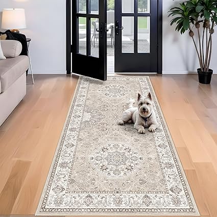 Washable 4x8 Hallway Runner Rug: Vintage 8ft Soft Runners for Entry Kitchen Wide Non Slip Low Pile Carpet for Living Room Bedroom Thin Water Resistant Carpet for Bathroom Dining Room Foyer(Beige,4x8)