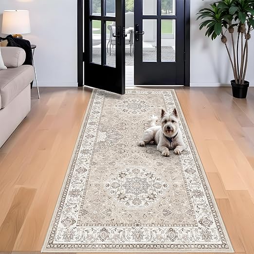 Washable 4x8 Hallway Runner Rug: Vintage 8ft Soft Runners for Entry Kitchen Wide Non Slip Low Pile Carpet for Living Room Bedroom Thin Water Resistant Carpet for Bathroom Dining Room Foyer(Beige,4x8)