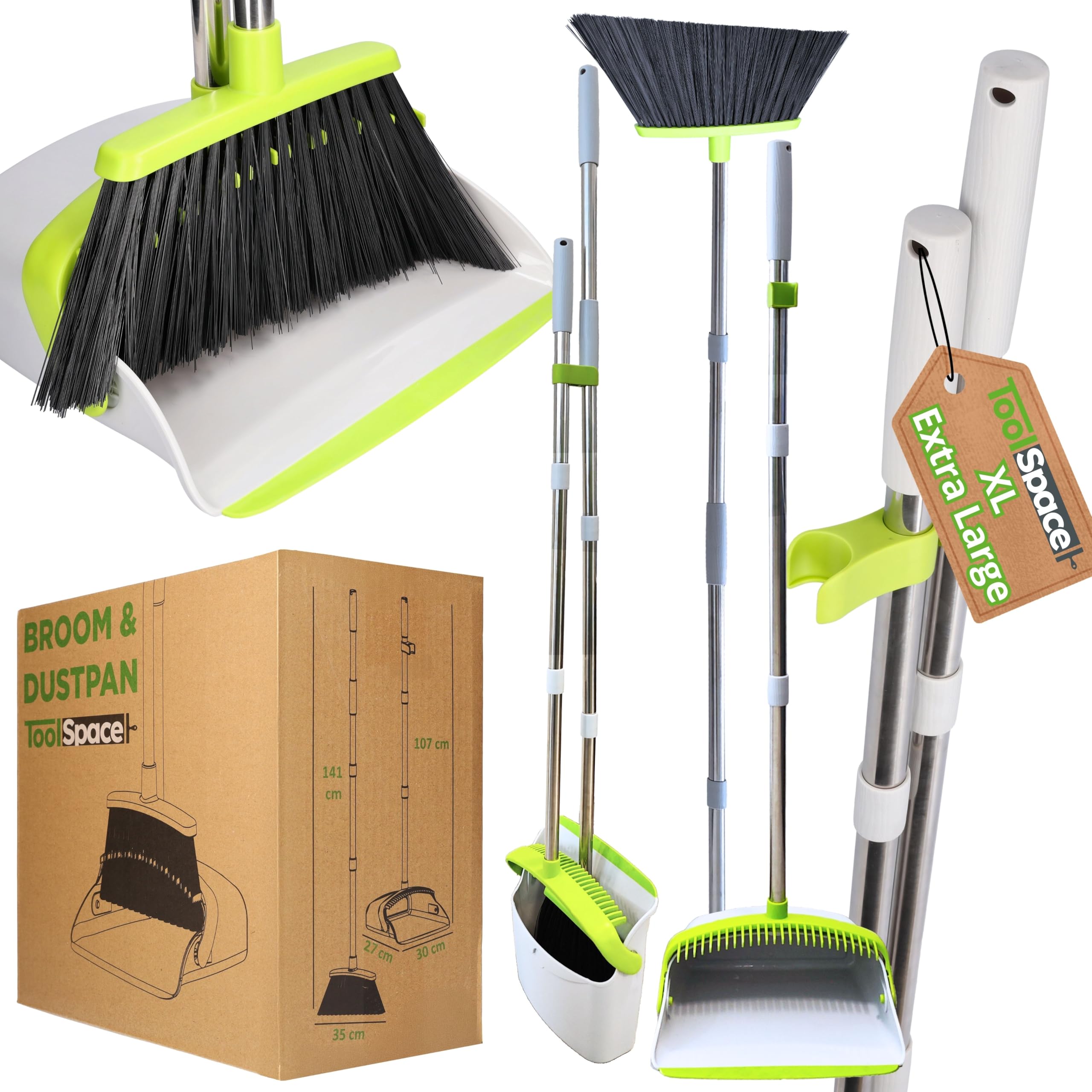 Juego de escoba y recogedor XL ToolSpace con mango largo vertical para limpieza de suelos