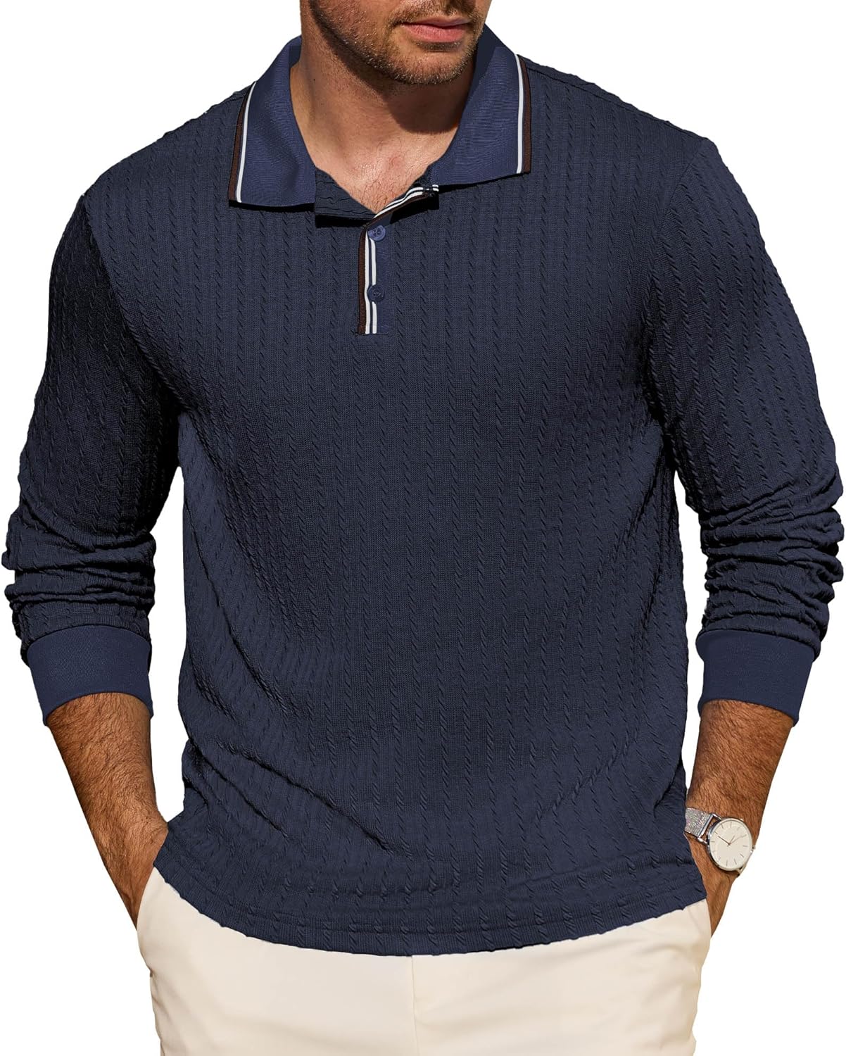 Rela Bota Men’s Knitted Polo Shirts Long Sleeve Casual Textured Pullover Fashion Vintage Golf Button T Shirts