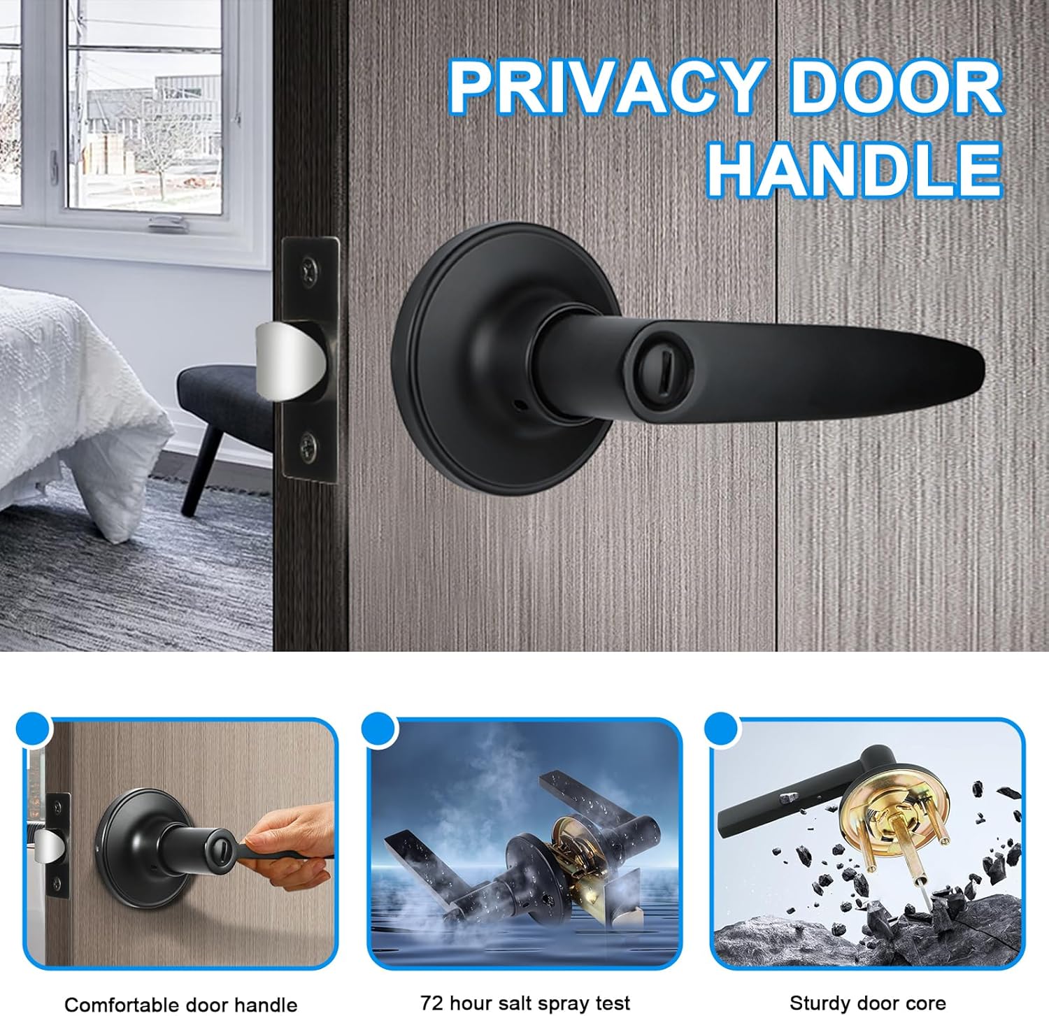 Privacy Door Levers, 8 Pack Matte Black Door Handles, Bed and Bath Door Locksets Heavy Duty Keyless Interior Handles, Reversible for Left Right Handed Doors