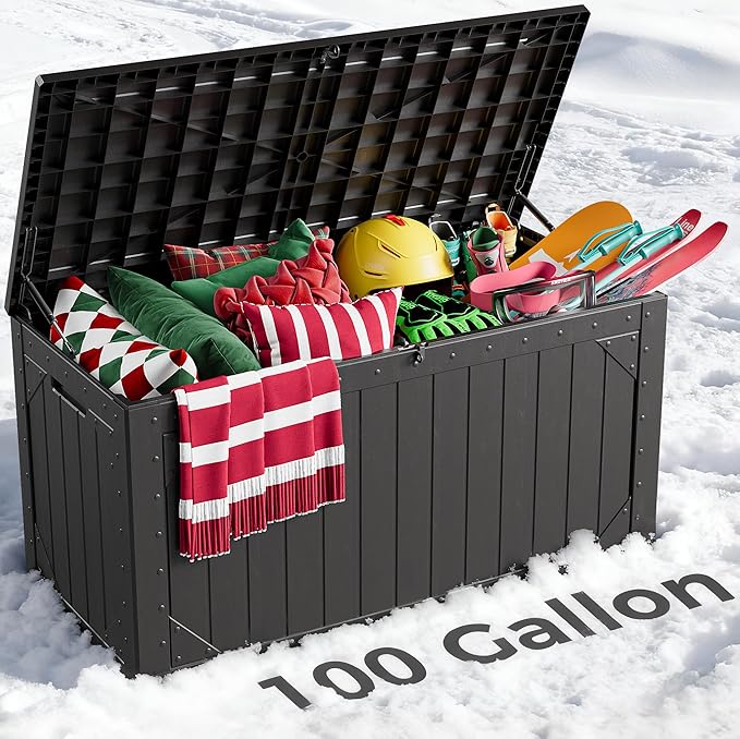 100 Gallon Outdoor Storage Box, Lockable Resin Deck Box for Patio Cushions, Throw Pillows, Garden Tools, Weatherproof Large Outdoor Storage Bench for Yard, Porch, or Balcony