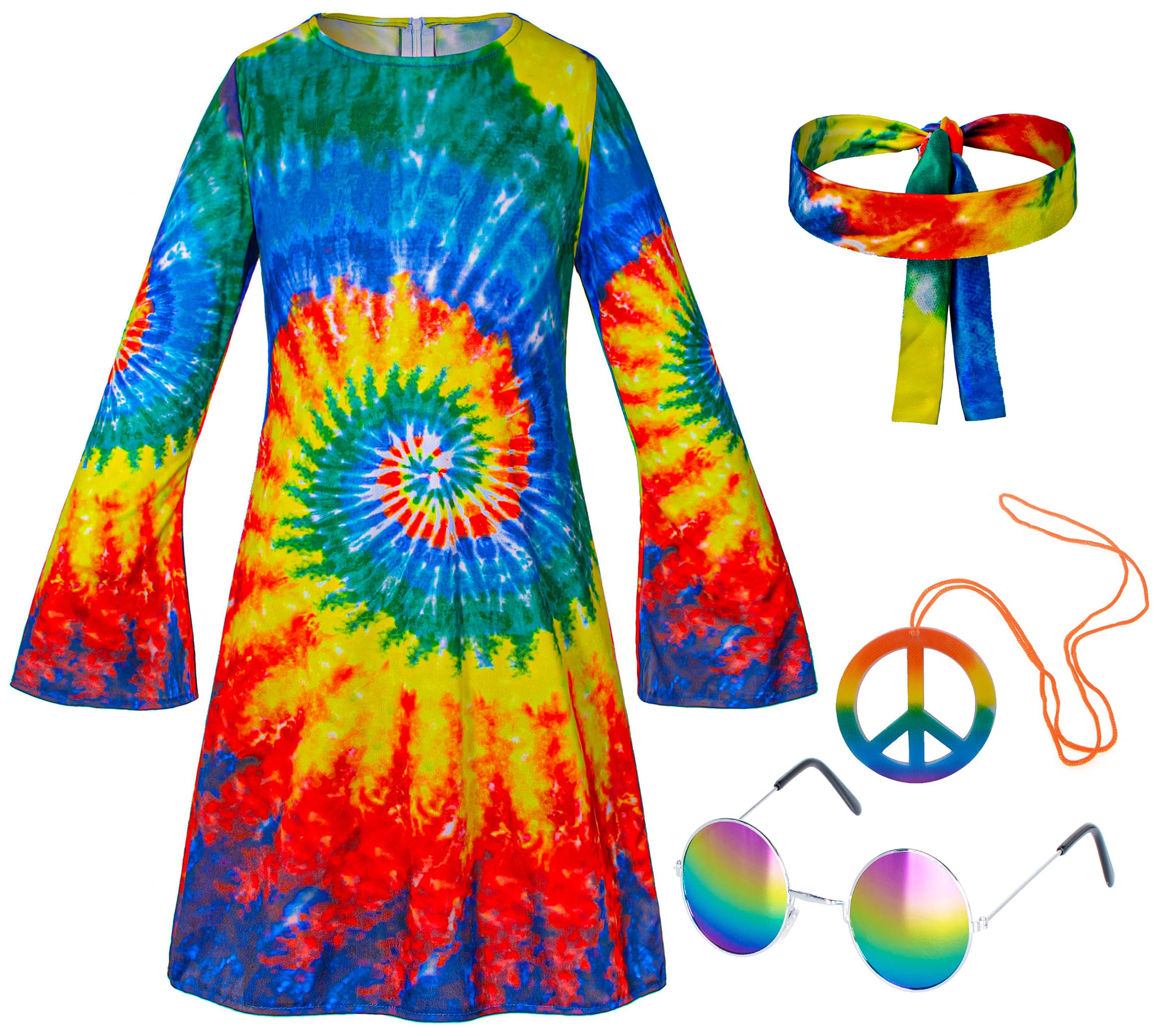 Hippie Costume for Girls 60s 70s Colorful Dress Kids Party Halloween Cosplay 3-12 Years