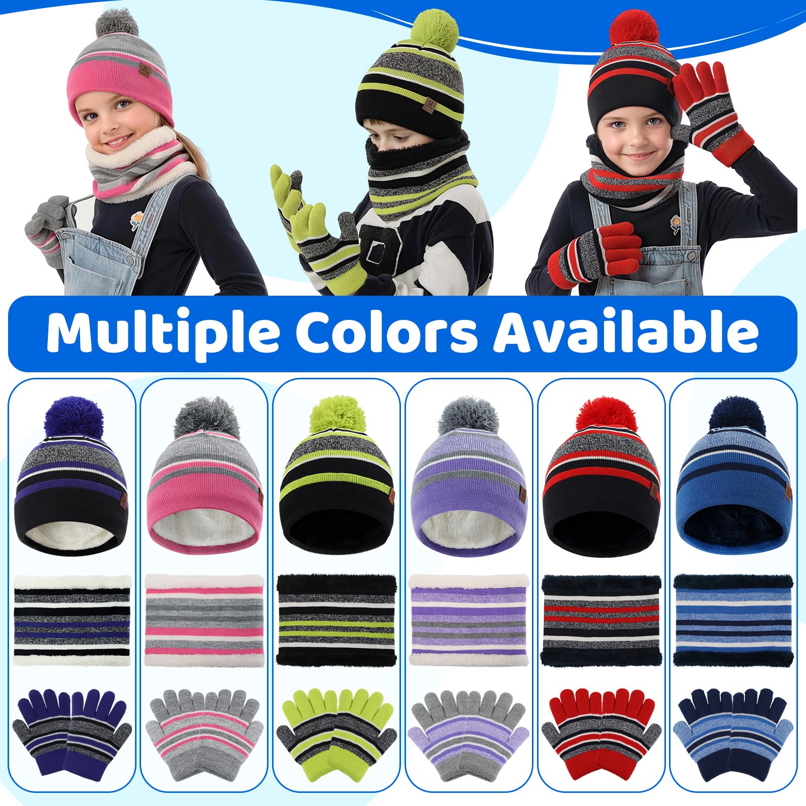 LACOFIA 3 Piezas Conjunto de Gorro Bufanda Guantes Invierno para Niños Beanie Punto con Pompon Sombrero Forro Polar Térmico para Niños 2-7 Años