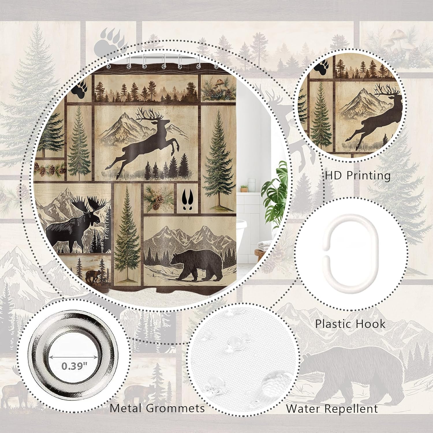 Rustic Cabin Deer Shower Curtain with Hooks, Wild Animal Bear in Pine Tree Forest and Mountain Nature Landscape Bathroom Curtains Shower Set, 72W x 78L inches