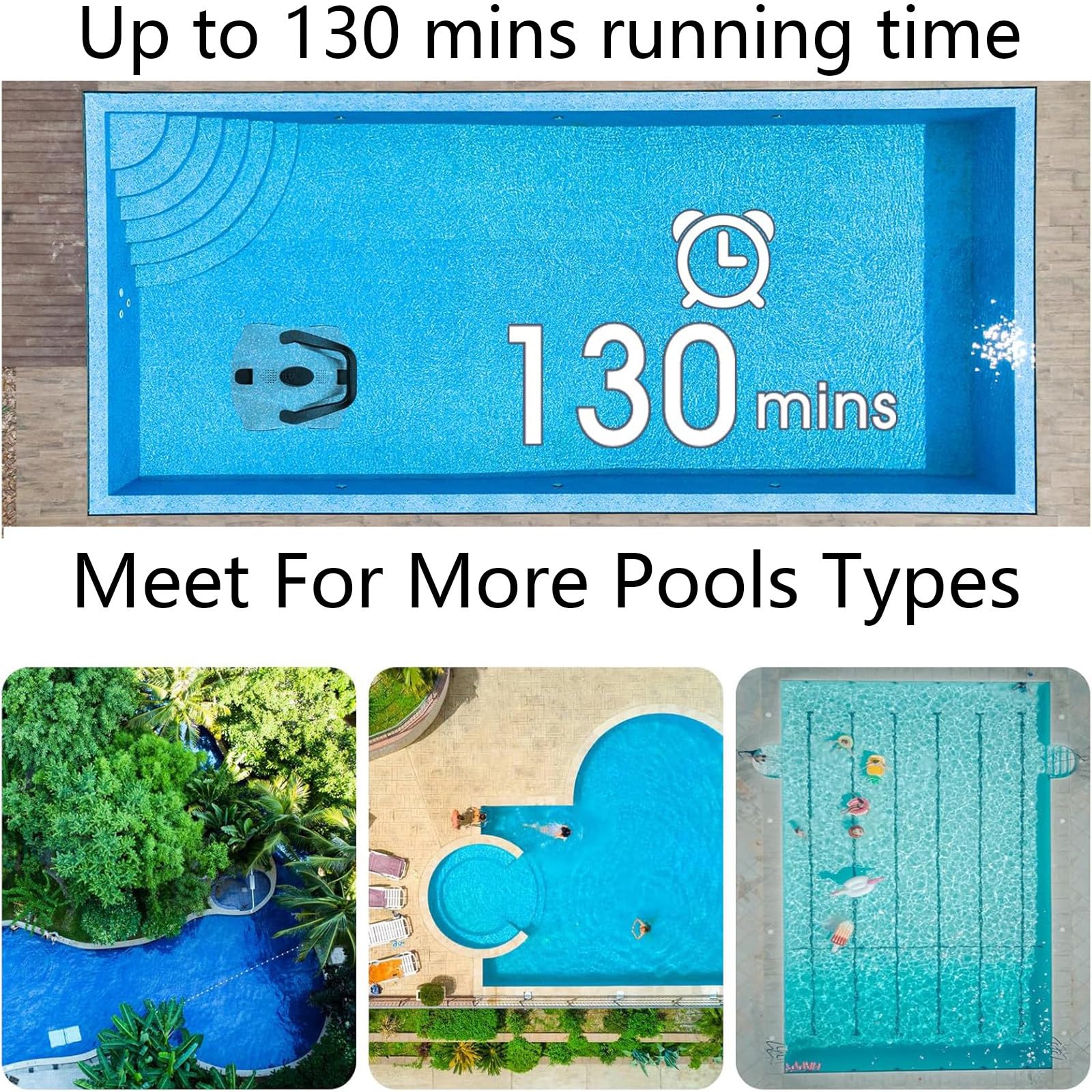 Robot Aspirapolvere per Piscine Fuori Terra, Robot Pulitore per Piscine Senza Fili con Doppi Motori, Autonomia di 130 Minuti, Aspirapolvere Automatico per Piscine interrate Piatte