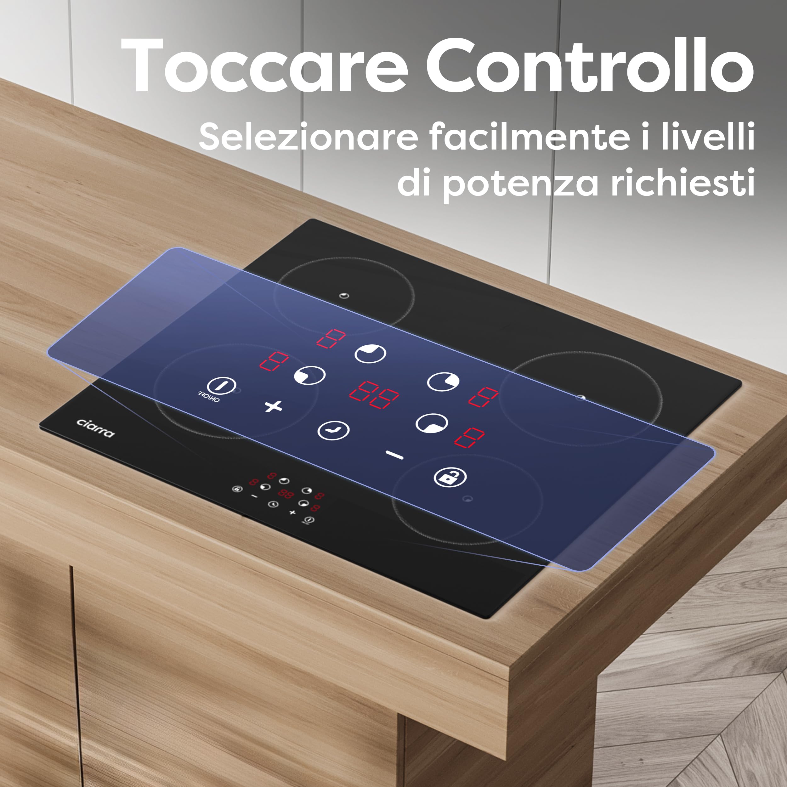CIARRA Piano Cottura Induzione, Piastra Induzione 4 Fuochi 59 cm in Vetroceramica, Funzionamento Touch, 9 Livelli di Potenza, Spegnimento Automatico, CABBIH4-F