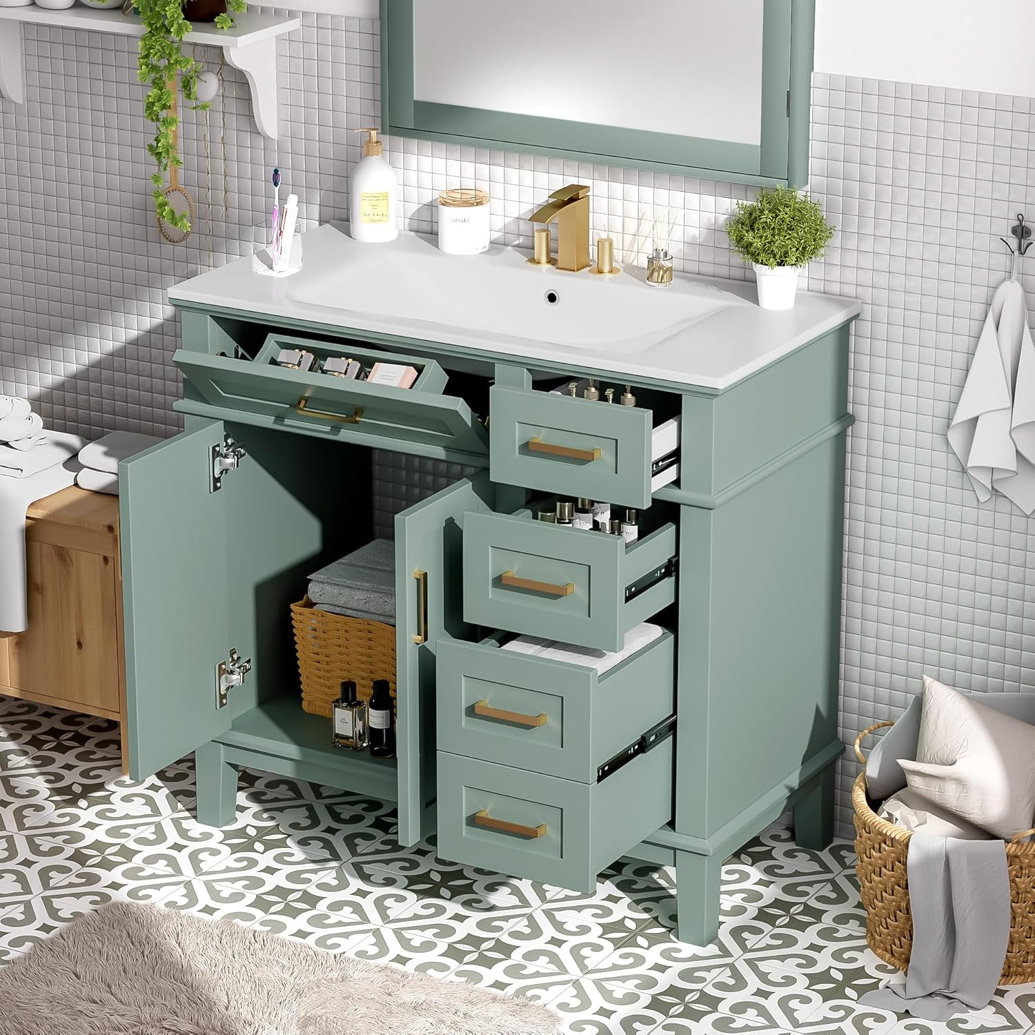 LUMISOL 36" Bathroom Vanity with Sink Combo, Modern Green Bathroom Storage Cabinet with Tip-Out Drawer, 3 Drawers & 2 Soft-Close Doors, Solid Wood Bathroom Vanity with Ceramic Sink, Green