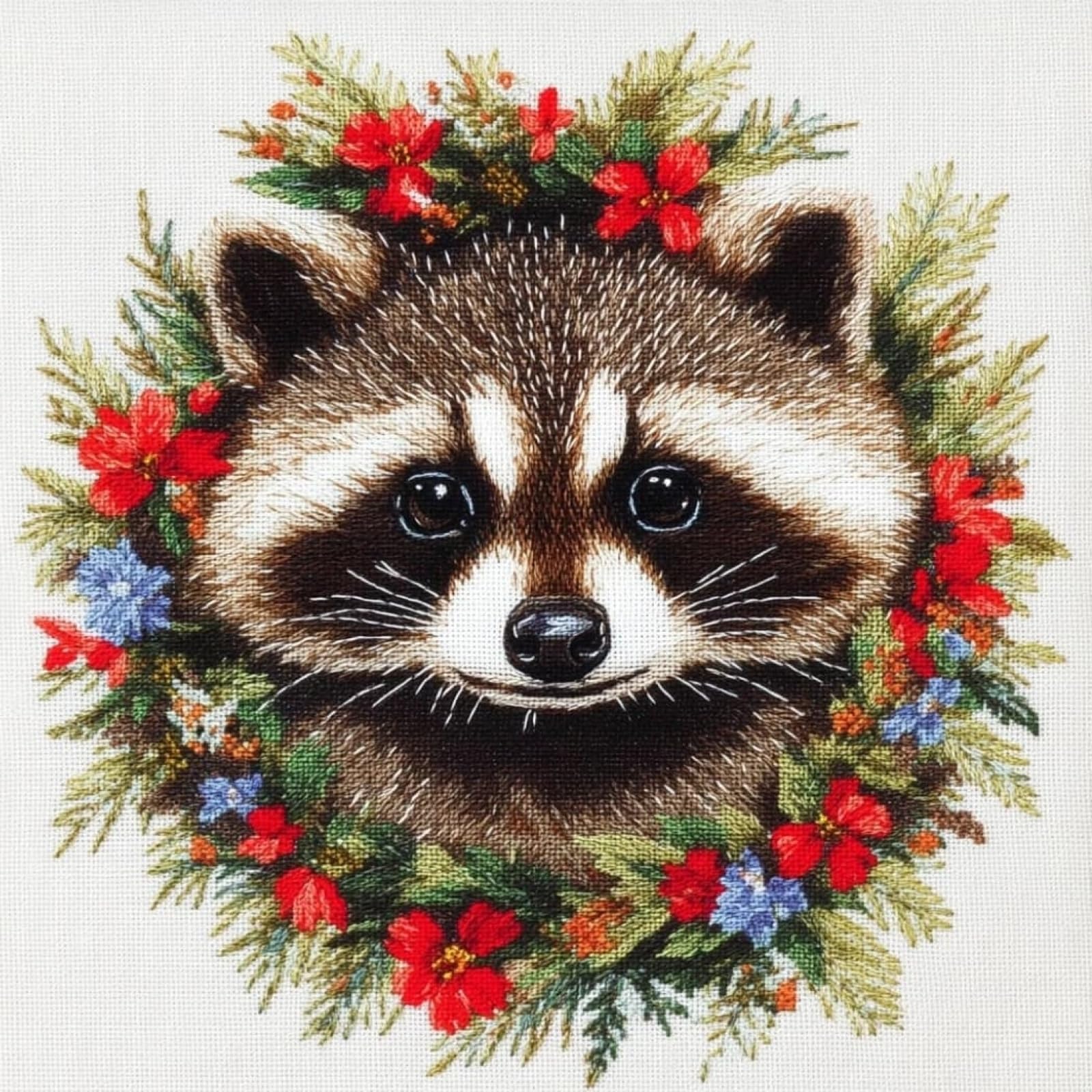 WallustrioaW Stamped Cross-Stitch Kit Printed Canvas,Raccoon Wearing a Flower Wreath,Cross Stitch Cushion Kits Needlework for Adult Beginners 11ct Decoration Embroidery Pillow Case,45x45cm