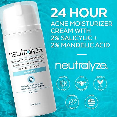 Miniatura 3 de Neutralyze Renewal Complex Crema hidratante para acné para cara, liberación temporal, grado médico 2% ácido mandélico y ácido salicílico, crema